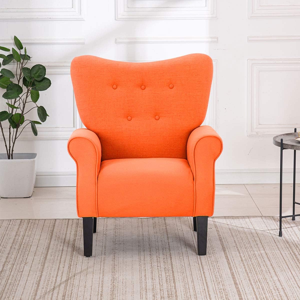 MELLCOM Mid Century Wingback Arm Chair,Modern Upholstered Fabric High Back Accent Chair with Wood Legs,Upholstered Single Sofa Club Chair for Living Room, Bedroom, Home Office, Orange