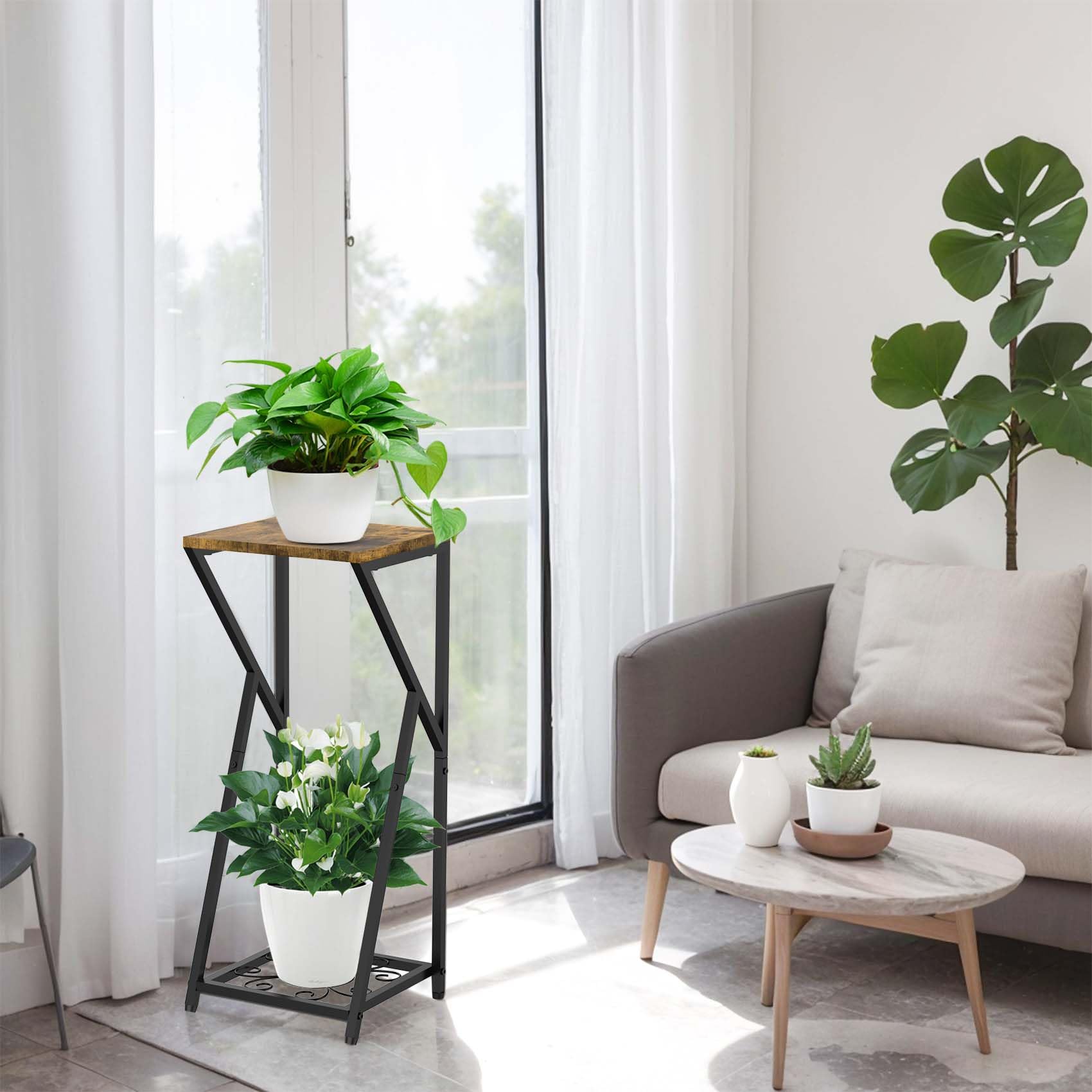Soporte Plantas Interior de Metal Madera, Estanteria para Plantas de 2 Niveles, Pedestal Maceteros Decorativo Moderno para Sala de Estar, Terraza, Esquina, Balcón, Jardín
