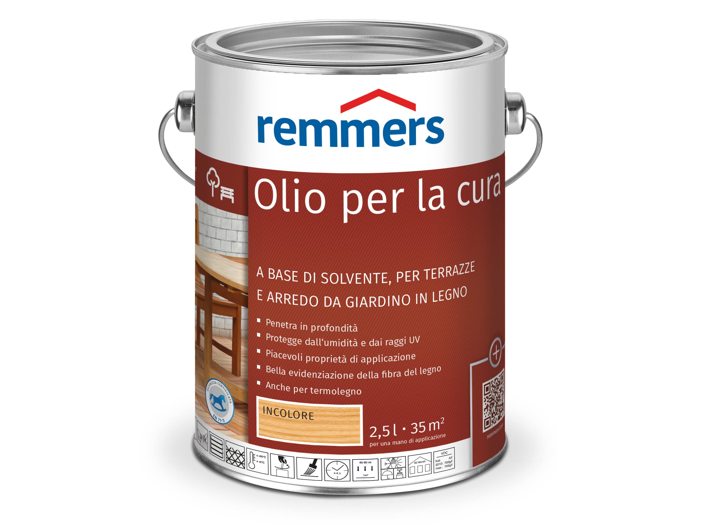 Remmers Olio curativo incolore, 2,5 litri, olio a decorativo base di solvente legno all'interno e all'esterno, idrorepellente, tonalità di colore brillanti, adatto per mobili da giardino e terrazze in legno