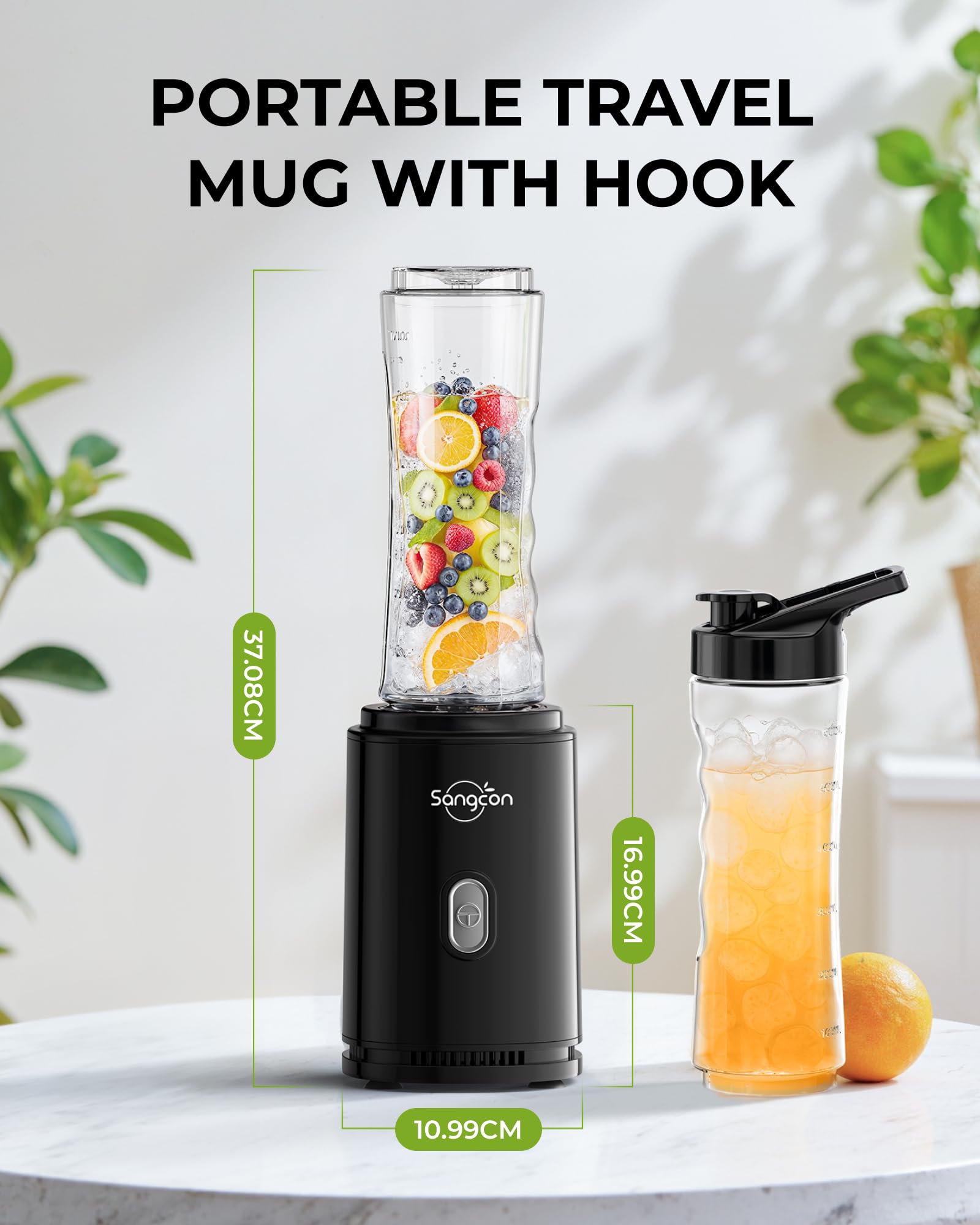 Sangcon Mixer Smoothie Maker, frullatore sportivo elettrico portatile per frullati e frullati con 2 bottiglie in Tritan To Go da 600 ml senza BPA 2 tappi per bere coltello a 4 lame, pulsante a impulsi