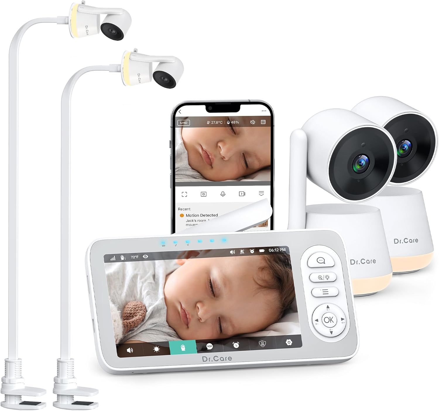 Dr.Care LumiView Plus 5.5" Smart WiFi Baby Monitor with 2 Cameras＆ 2 Clip Mount - 1080P Split Screen & 2K Camera, Privacy Mode, Cry & Motion Alerts, RGB Night Light, HD Night Vision, 5000mAh Removable