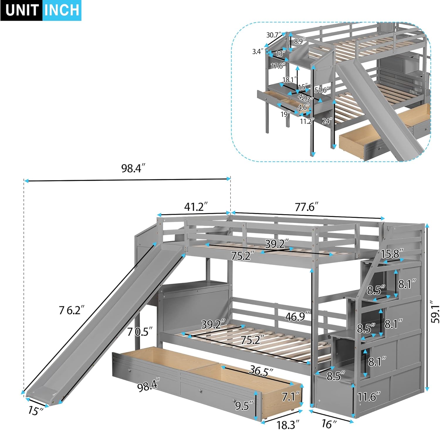 Harper & Bright Designs Twin Over Twin Bunk Bed with Stairs, Slide, Desk, Solid Wood Bunk Bed with Storage Drawers and Shelves, for Kids Girls Boys (Gray)