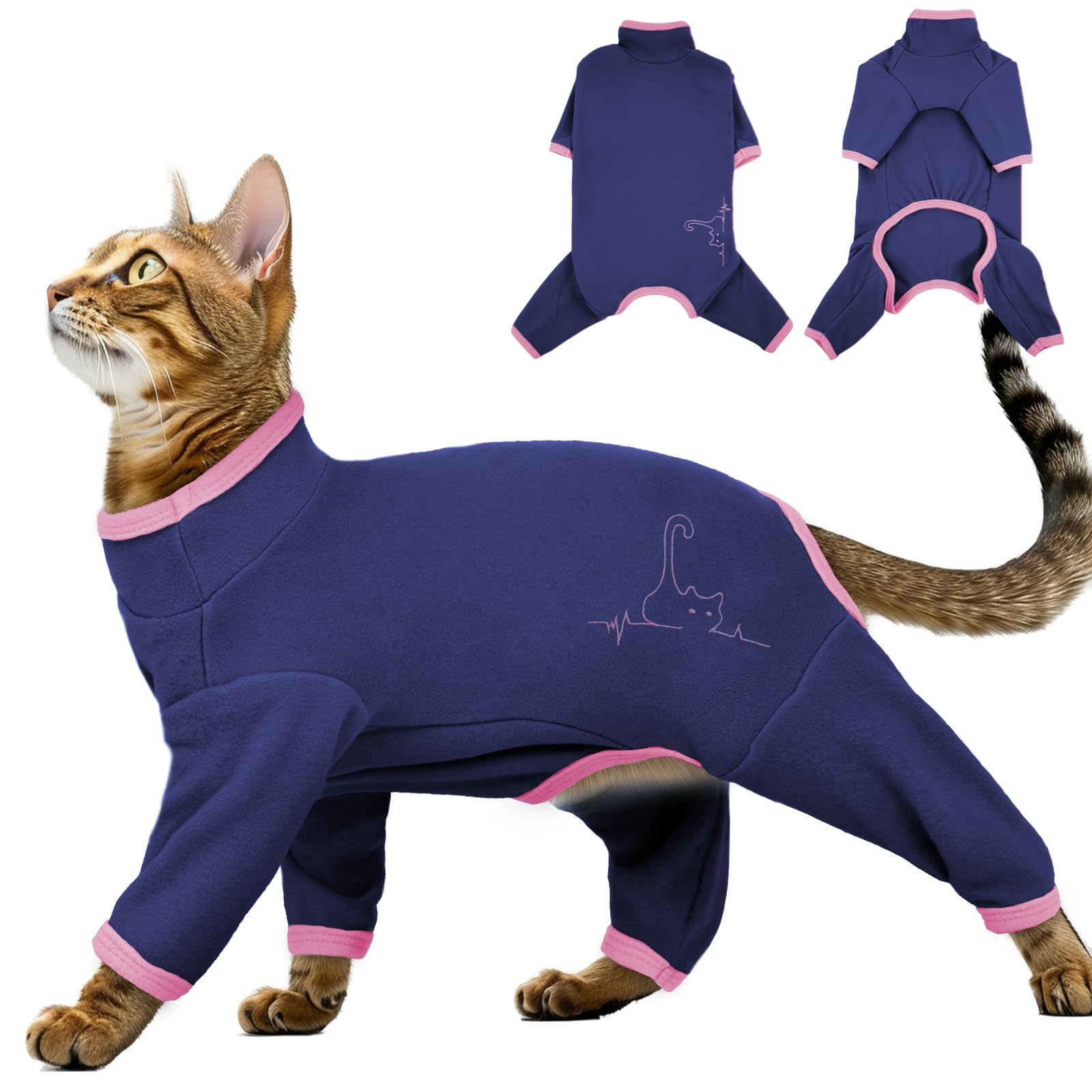 Cat Coat, Fleece Jumper Cat Suit Post Surgery Vest Body Suit with Legs Onesie after Surgery(Blue, M), B--Blue, Medium