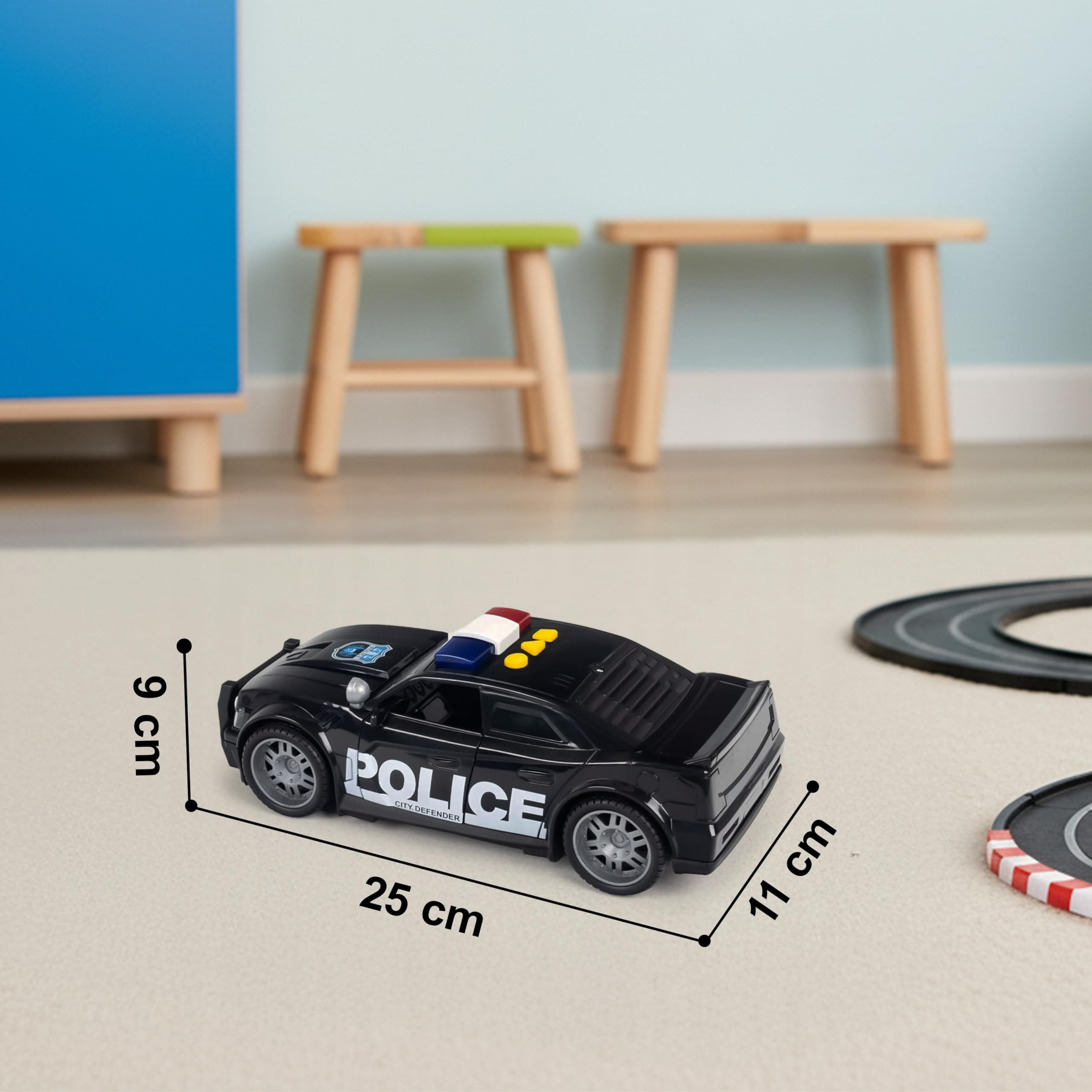 CELMAN Coche de policía con Sirena y luz Intermitente City Defender, Escala 1:16, Coche de Juguete Grande para niños 3 4 5 6 7 8 años