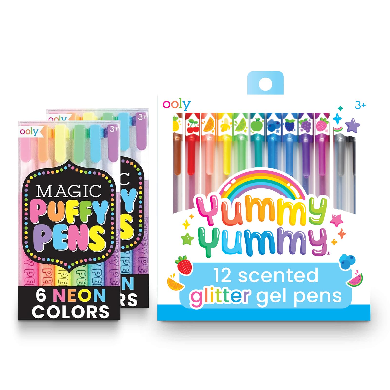 Magic Puffy Pens Neon Color Pens with 3D Ink (Pack of 2) & Scented Yummy Yummy Glitter Gel Pens (Set of 12) for Kids, Adults, Art Supplies and Stationery Supplies