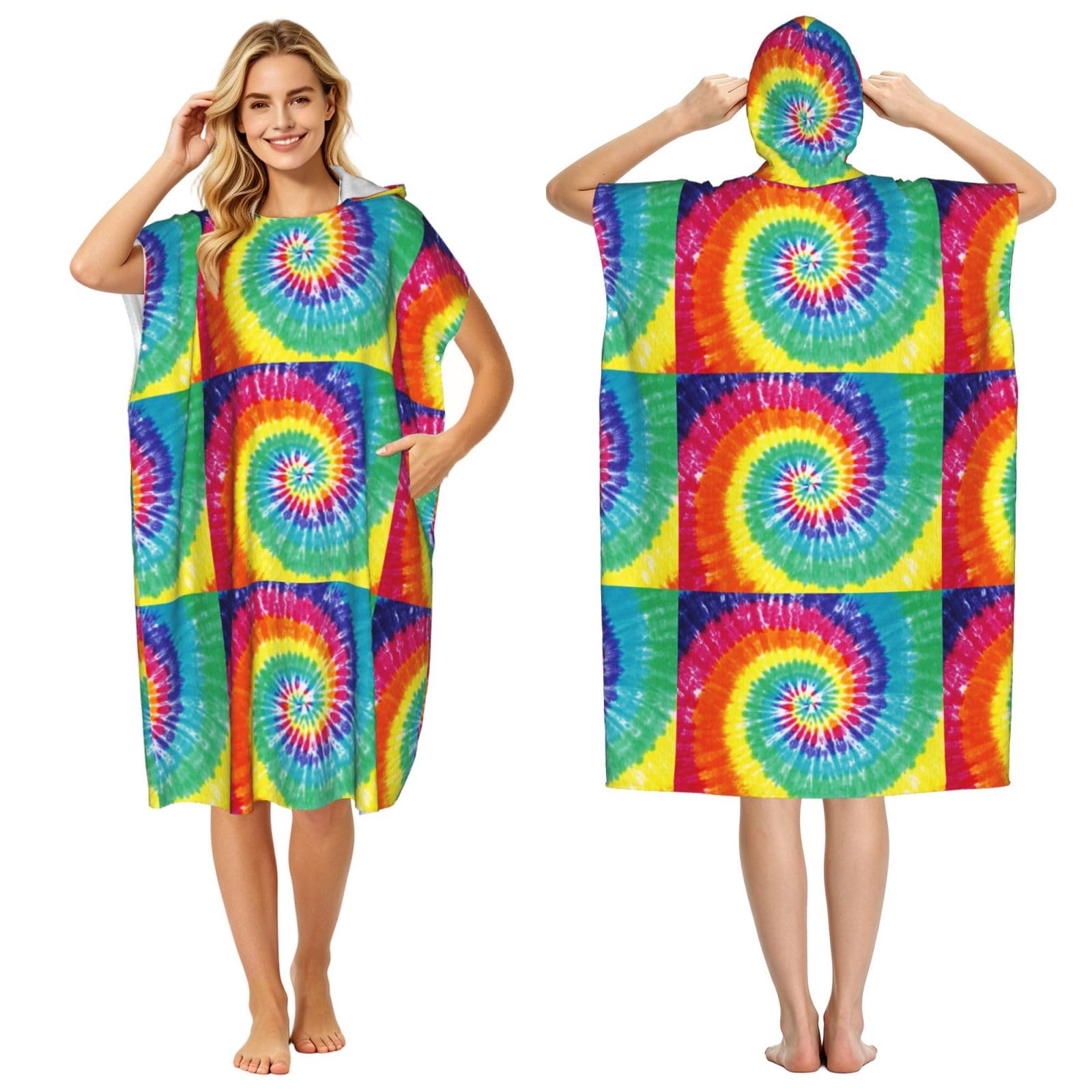 Poadnly Rainbow Color Tie Dye, Adult Hooded Beach Towel 90 x 110 cm,Changing Bath Robe, Surf Poncho Towel For Women Men