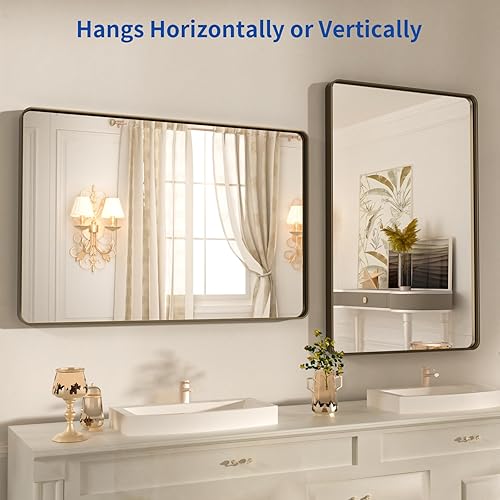 Miniatura 5 de WEER Espejo de baño de bronce de 22 x 30 pulgadas para tocador, espejo de marco de metal de bronce cepillado para pared, espejo rectangular