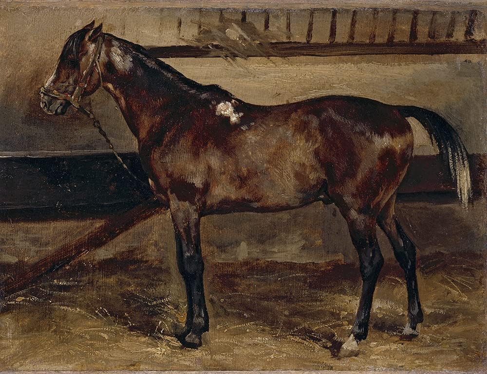 ArtDirect Théodore Géricault 24x19 Gold Ornate Framed and Double Matted Museum Art Print Titled: Brown Horse at the Stable (1818)