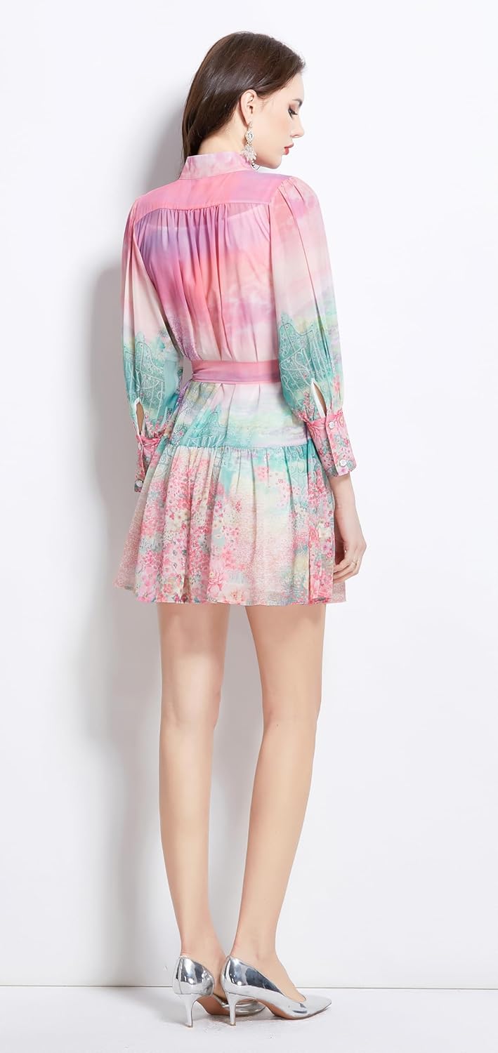 LAI MENG FIVE CATS Women's Floral Print Lantern Sleeve Ruffle Casual Button Belted Thin Loose Fit Mini Dress - Image 7