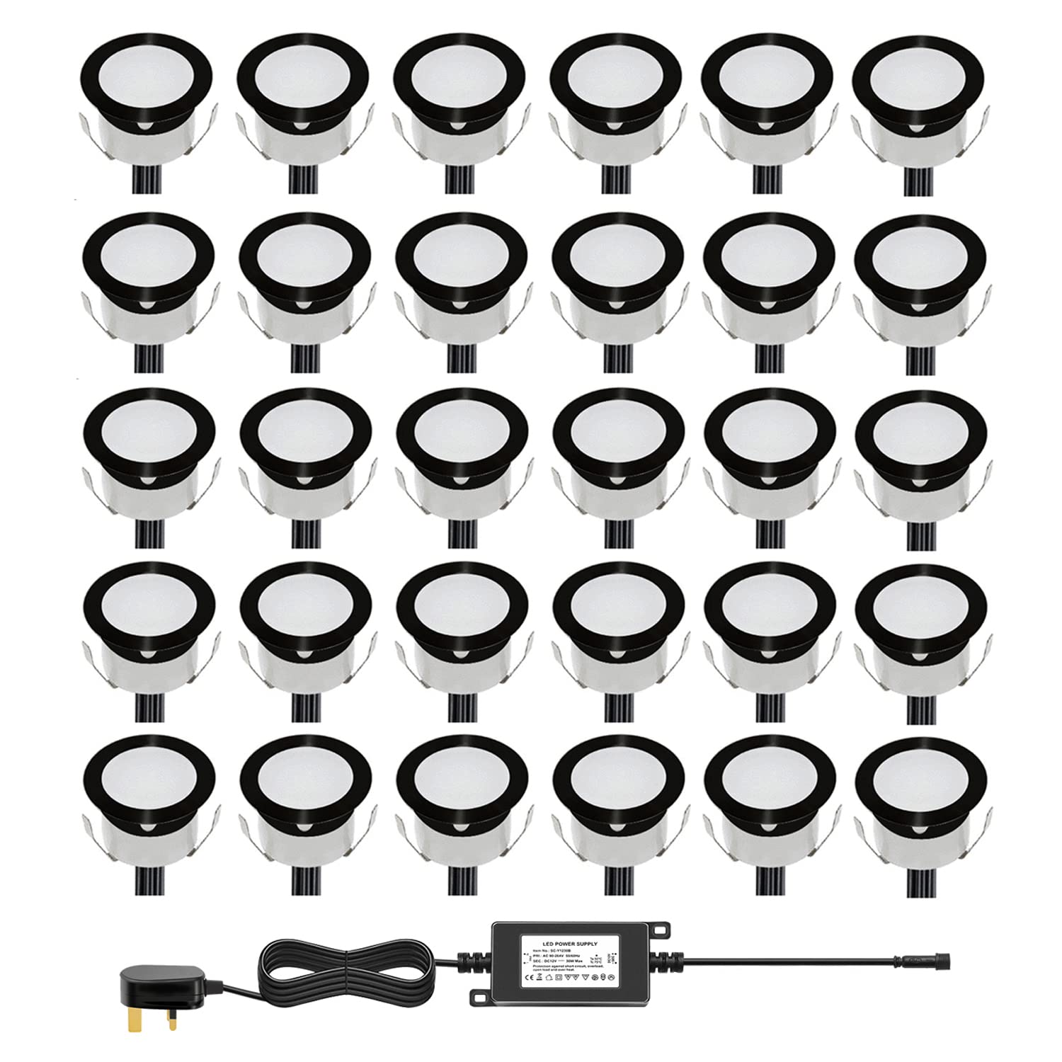 CHNXU Outdoor LED Decking Lights 30mm Recessed Garden Lights Waterproof IP67 Deck Lighting Kits for Kitchen Plinths, Bathroom, Patio Deck, Yard Garden (30 Pack, Blue & Black)