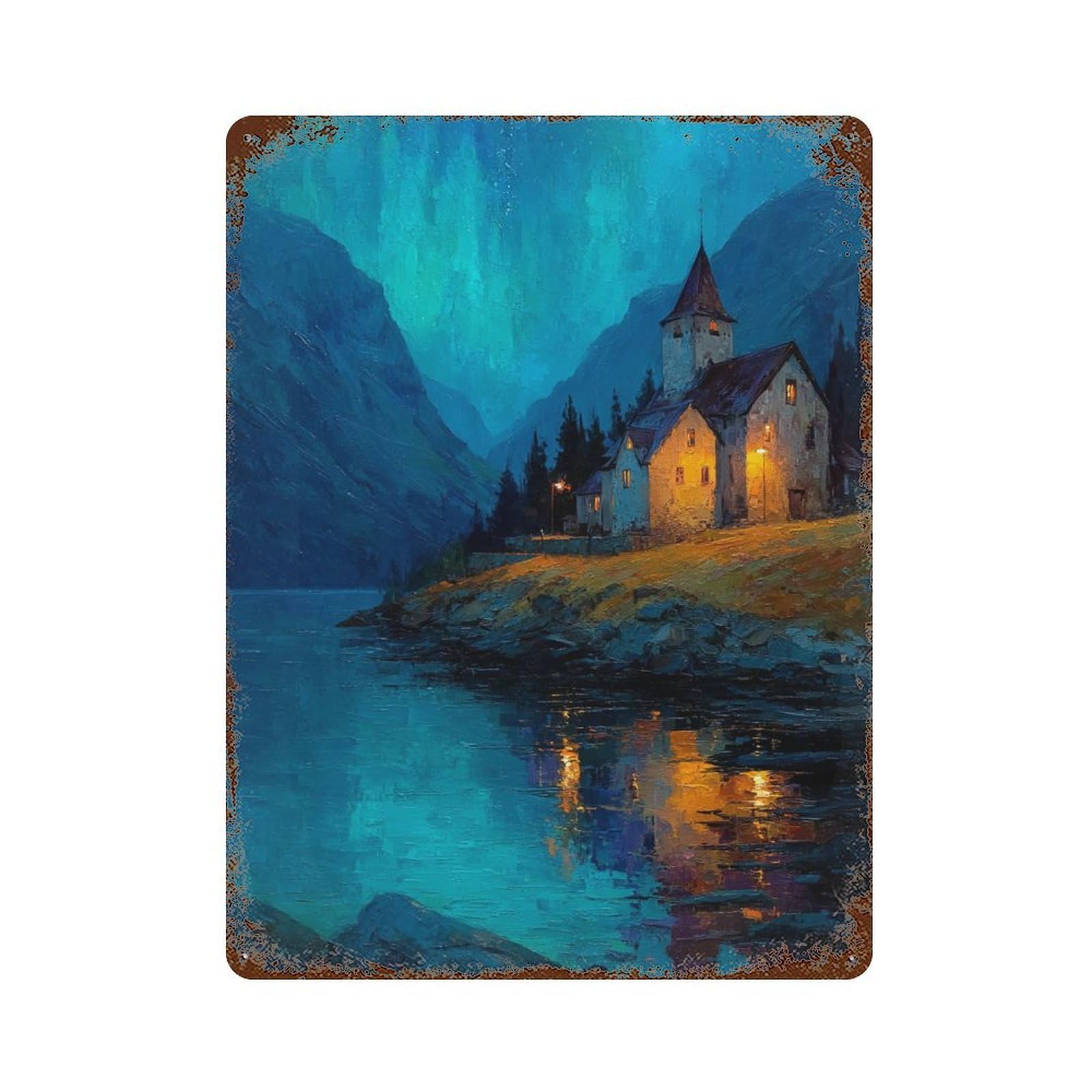 Mountain Lake Reflections Rustic Tin Plaque 15.7"x11.8", Rustic Home Decor for Office, Studio And Wall Decor