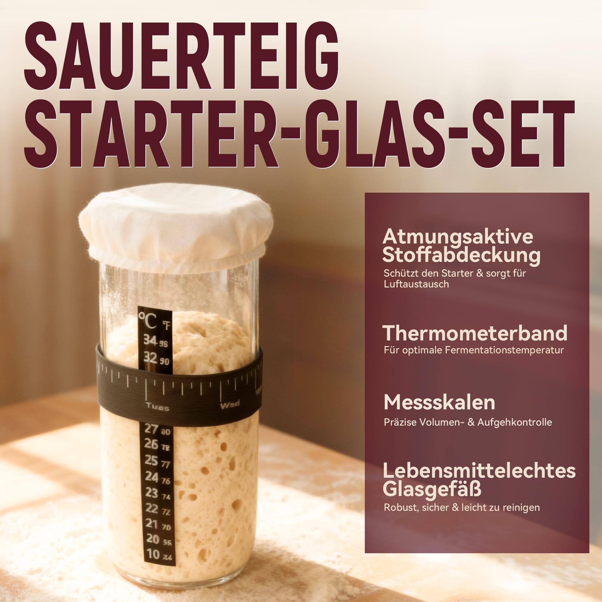 Brot Gärkorb Sauerteig Starter Set,25 cm & 23 cm Proofing Basket Bread Baking with Sourdough Starter Glass, Bread Baking Starter Set Large Gift for Beginners, Bakers (Pink)