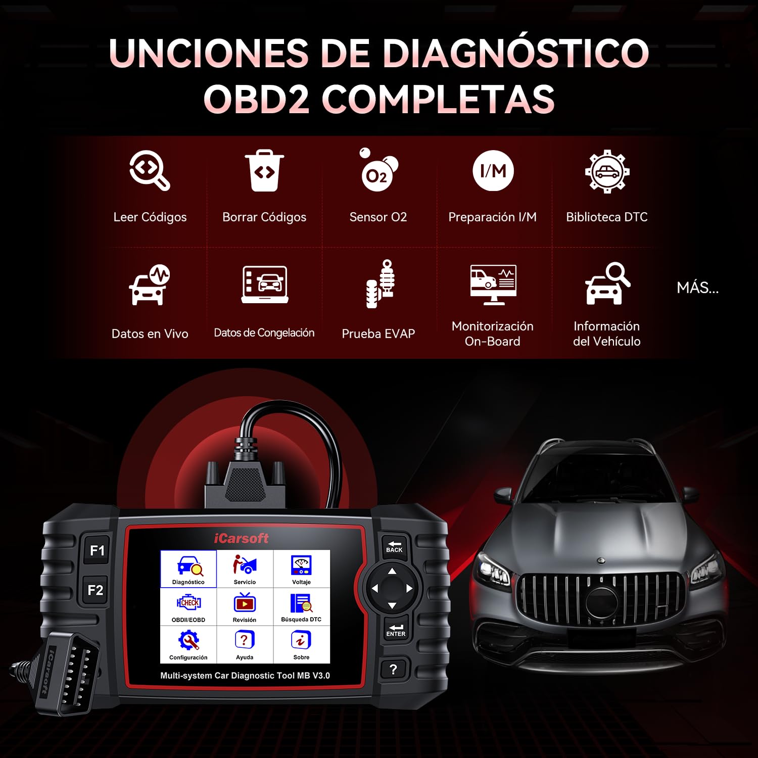 iCarsoft MB V3.0 OBD2 Máquina Diagnosis Coche para Ben.z/Sprinter/Smart, Escáner de Todo el Sistema, 35 Funciones Reinicio, Prueba Bidireccional, Vin Automático, con Adaptador Ben.z 38 Pines