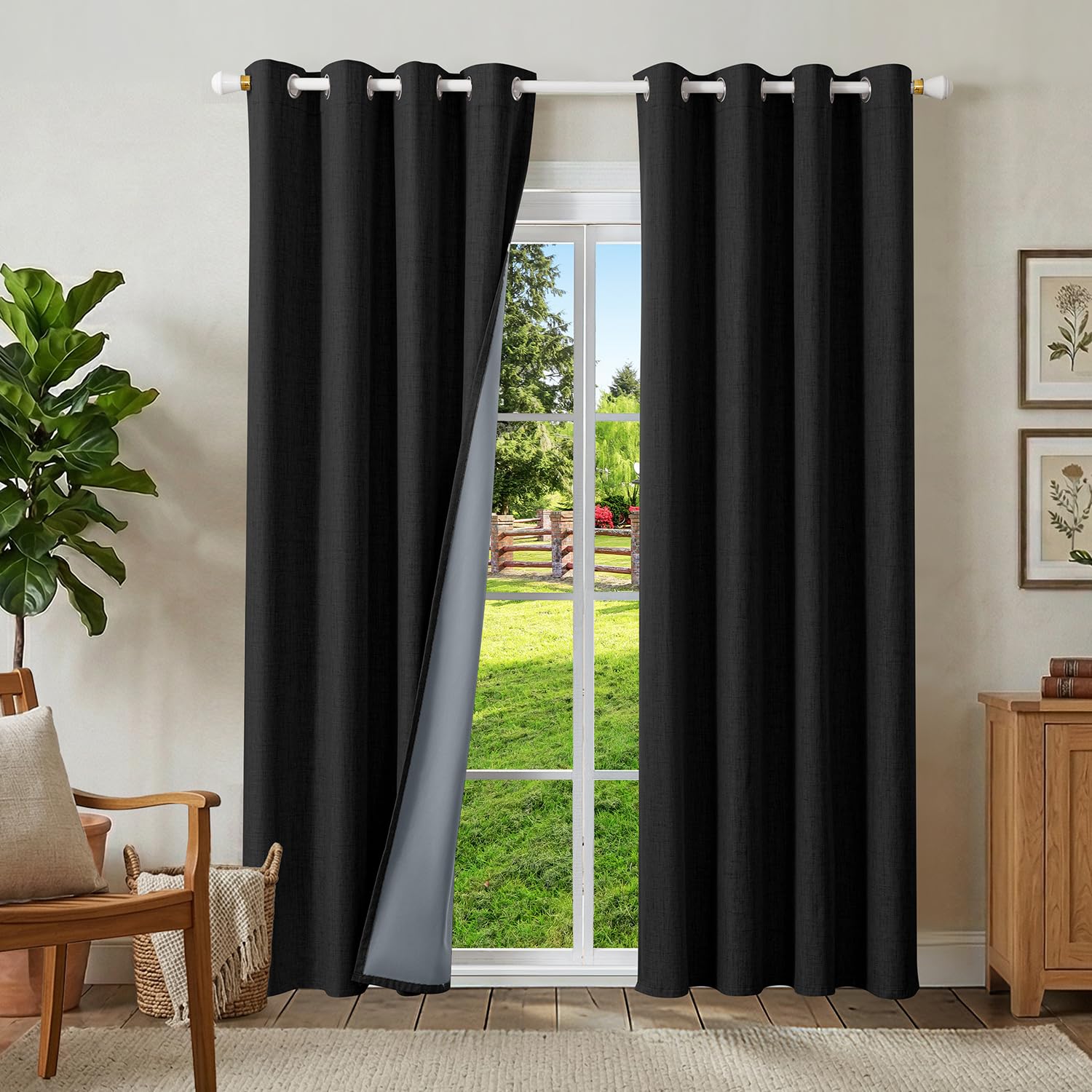Runyéla 100% Blackout Linen Curtains Eyelet 46 x 72 Inch Drop for Living Room Bedroom Thermal Curtain 2 Panels Black