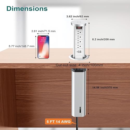 Miniatura 6 de Toma de corriente desplegable para encimera con PD 20W USB C, salida empotrada de encimera, 4 salidas de CA, 3 puertos USB y cargador inalámbrico de