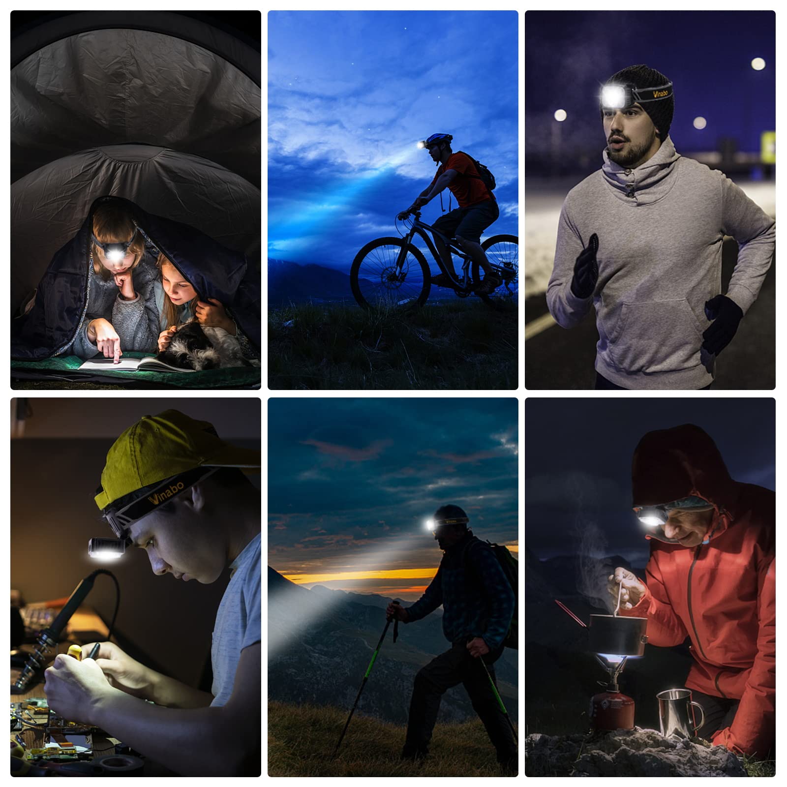 Vinabo Linterna Frontal Recargable, Sensor de Movimiento de Linterna Frontal LED Ultra Potente, 6 Modos de Luz,IPX4 Impermeable Ajustable y Liviana para Pesca, Camping, Senderismo, Ciclismo, Correr