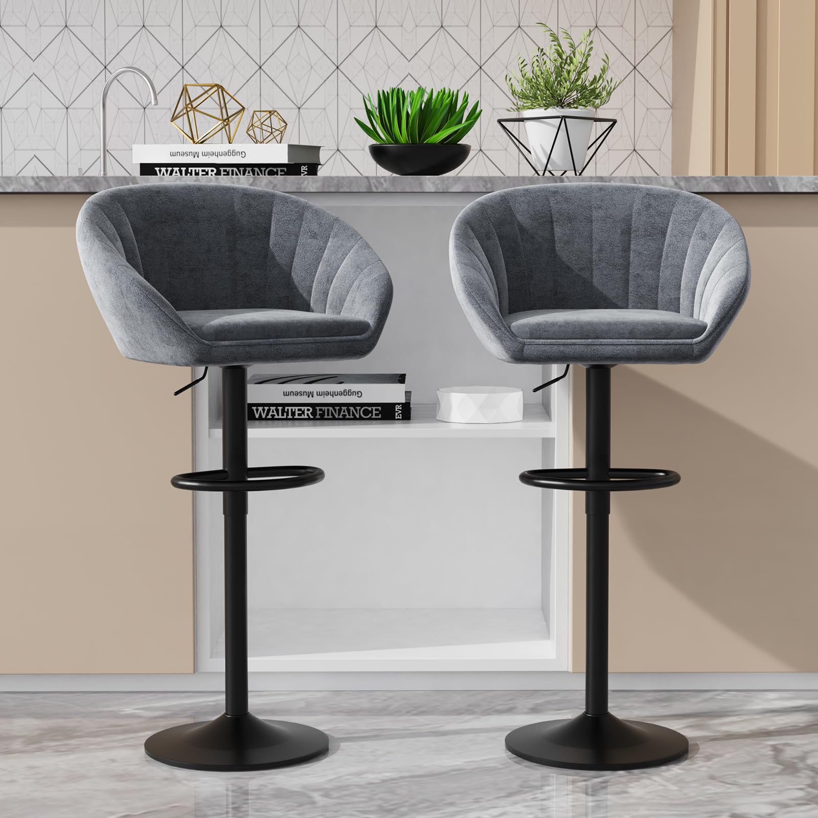 Utlenianie Juego de 2 Taburete de Bar, Taburetes Altos de Cocina con Respaldo, Taburetes Altos Ajustable 59-102 cm, Silla de Cocina Tasburete Alto de Tela, Silla de Bar para Cocina Bar Comedor (Gris)