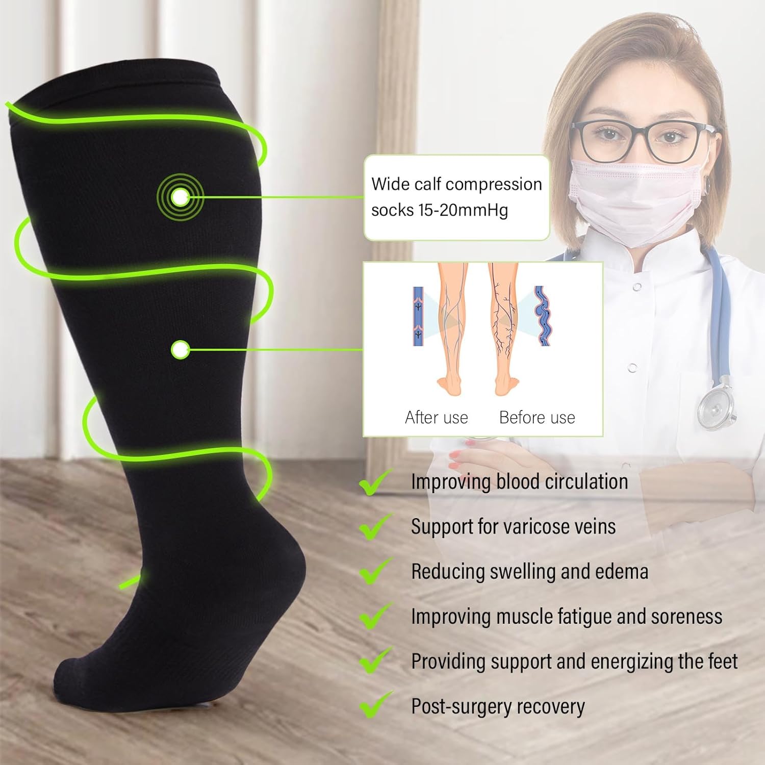 CaiDieNu Bamboo Viscose Compression Socks: Wide Calf Plus Size Compression Socks for Women and Men Nurses Travel Pregnant - Image 3