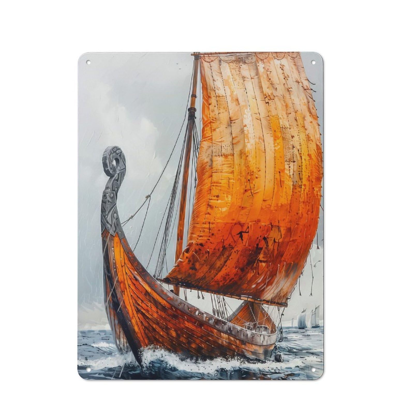 Junmoney Style-8 Tin Wall Plaque 40X30cm With Viking Ship Sailing Ocean For Man Cave Or Games Room, A Housewarming Gift For Leisure-Room Decor Enthusiasts