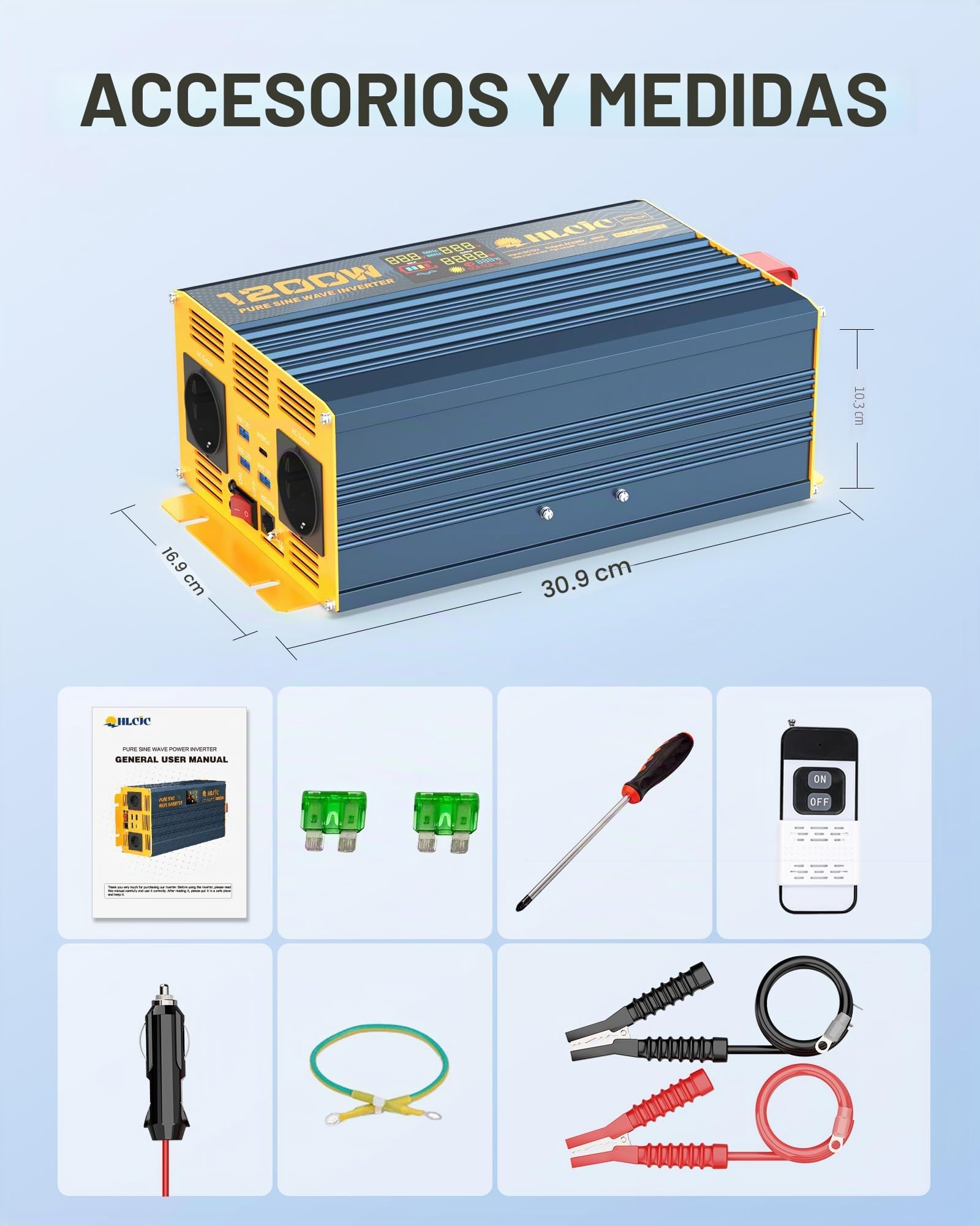 Inversor de Corriente 1200W/2400W Onda Sinusoidal Pura 12V a 230V, Pantalla LCD para Autocaravana Camión Coche
