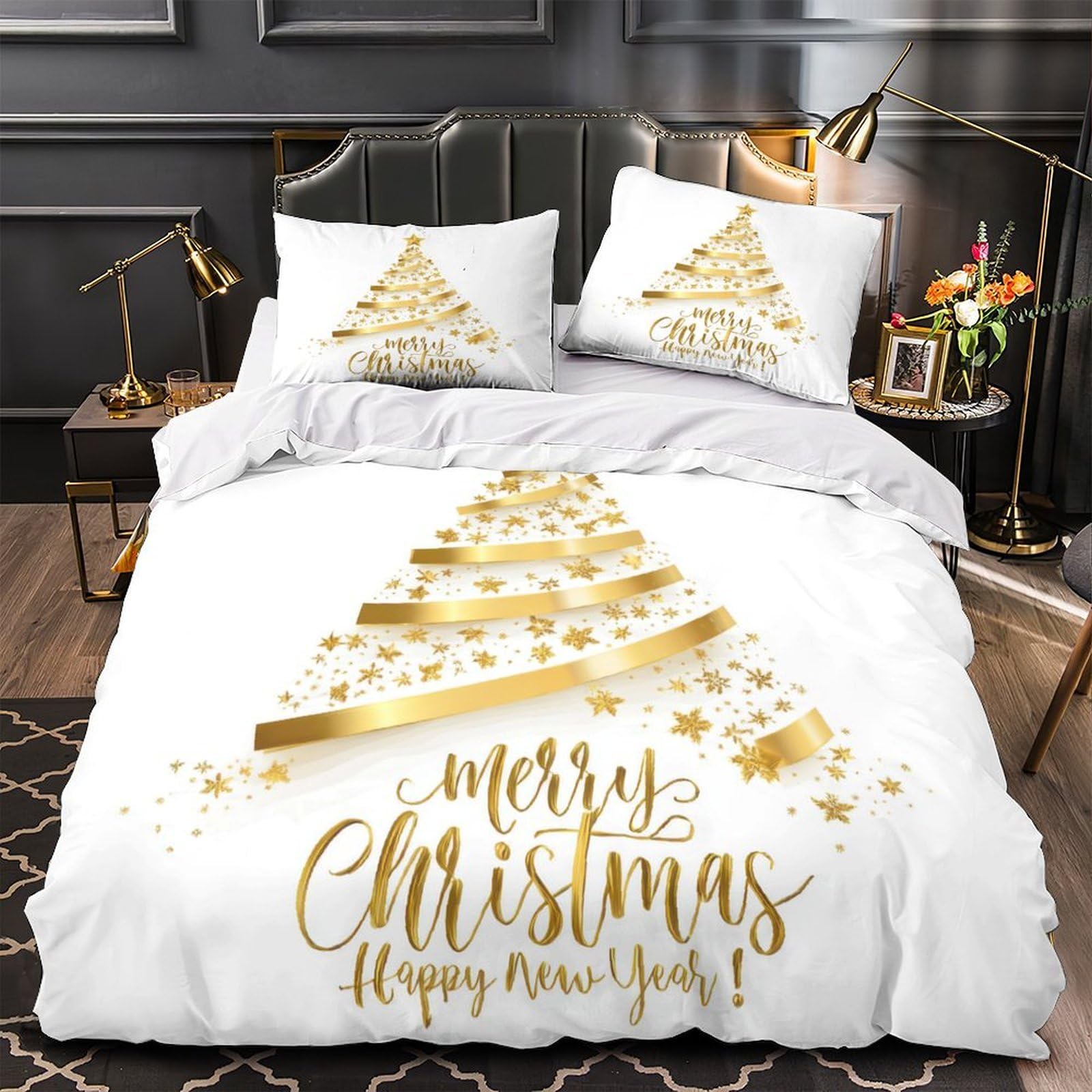 Housse de couette sapin de Noël dorée pour chambre hivernale