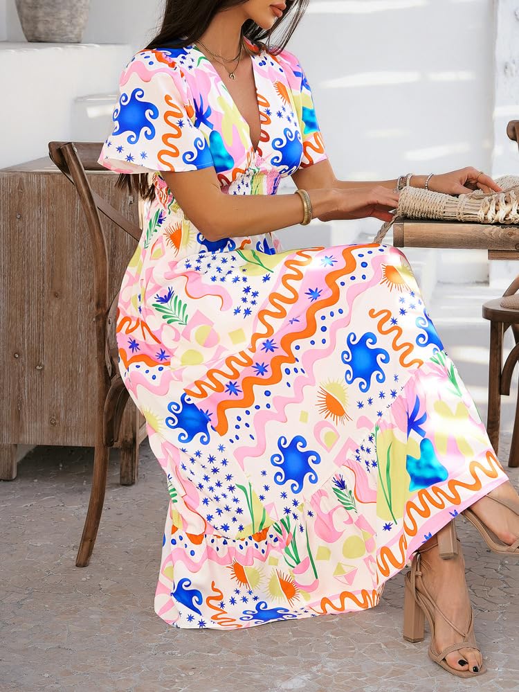 Image of Boho Floral Maxi Dress for Women 2026 Empire Waist Short Sleeve Dresses Summer Beach Vacation Wedding Guest Outfit