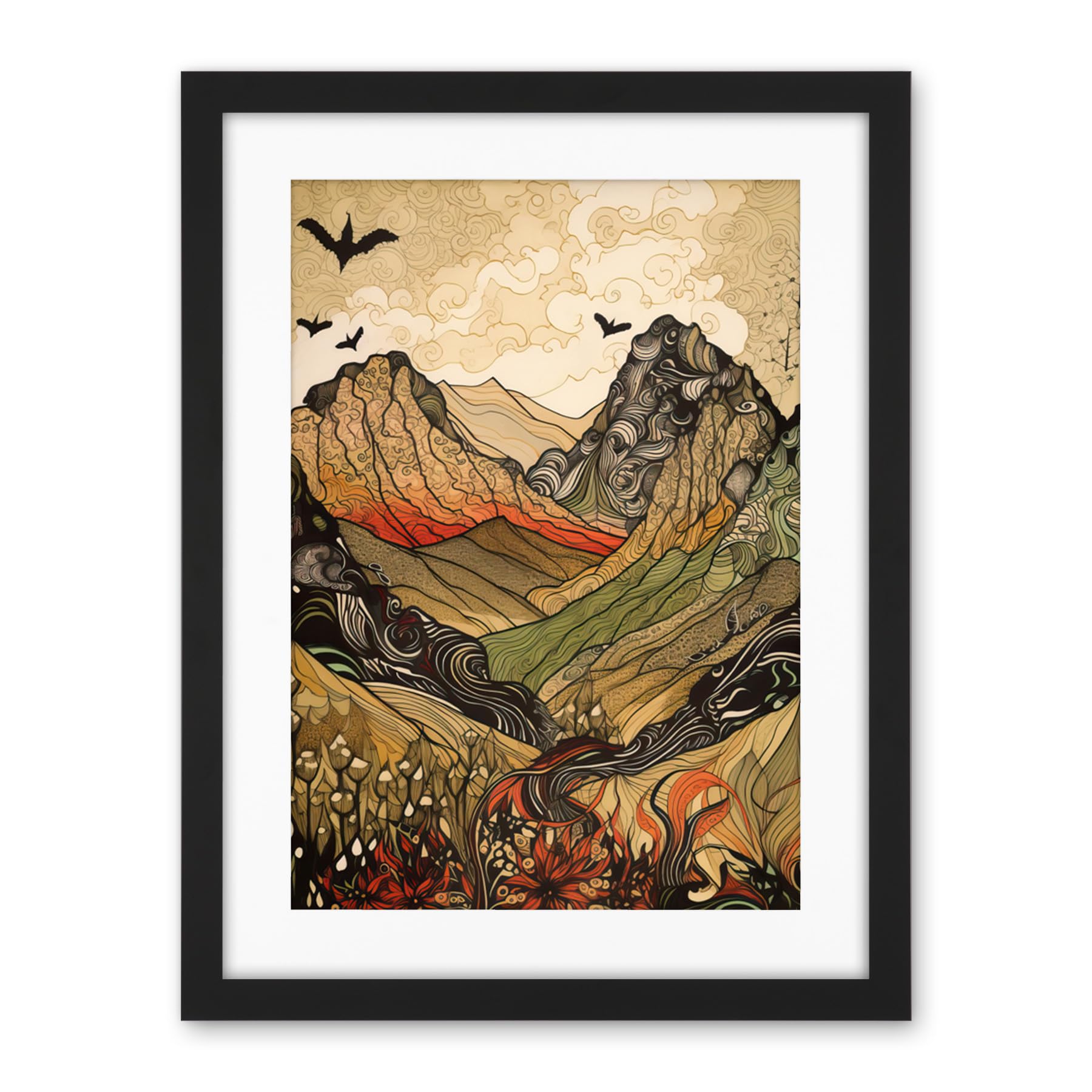 Artery8 Mountain Landscape Multicoloured Pattern Linocut Artwork Framed Wall Art Print 18X24 Inch