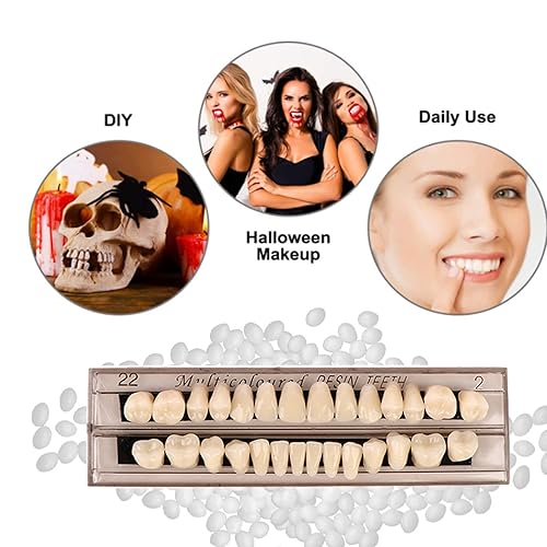 Miniatura 6 de 56 piezas de dientes falsos, 2 juegos de dientes enteros de polímero sintético, 22 tonos A2 superior + inferior materiales dentales para reemplazo,