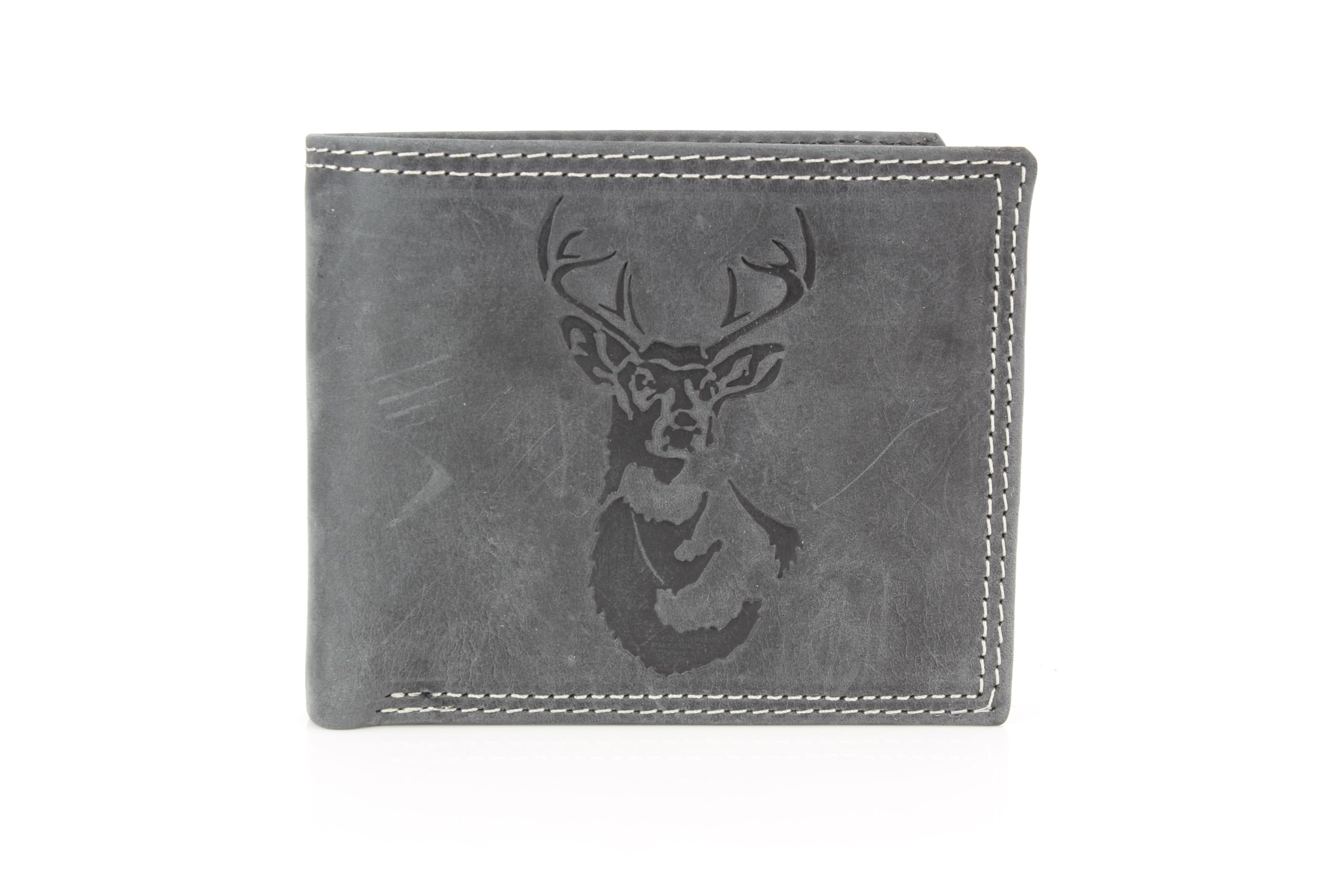 Men’s Bi-Fold Wallet – Deer with Antler Embossed Leather, White Stitching, 6 Card Slots, ID Window – Gift Box (Black)