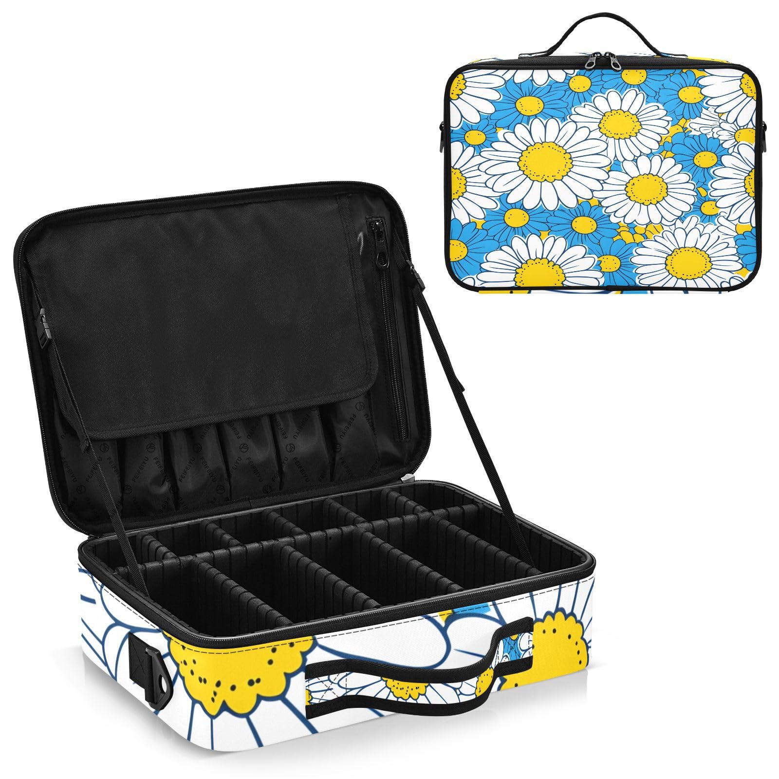 zyrtty Travel Makeup Train Case Plant Chrysanthemum Flower Blue Cosmetic Organizer Portable Storage Bag with Adjustable Dividers for Cosmetics Brushes Toiletry Jewelry Digital Accessories