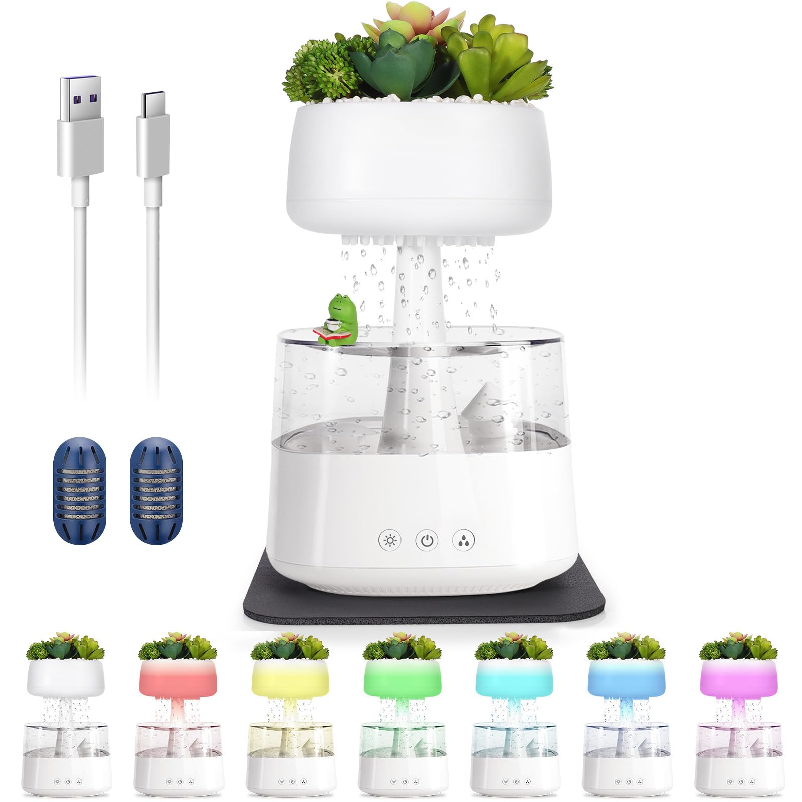 Aromatherapy Diffuser Humidifier, Rain Drop Humidifier Artificial Plants Night Light Essential Oil Diffuser,7 Color Cloud Humidifier with Filter Replacementr&Frog Ornaments&Mat for Home Bedroom Aroma