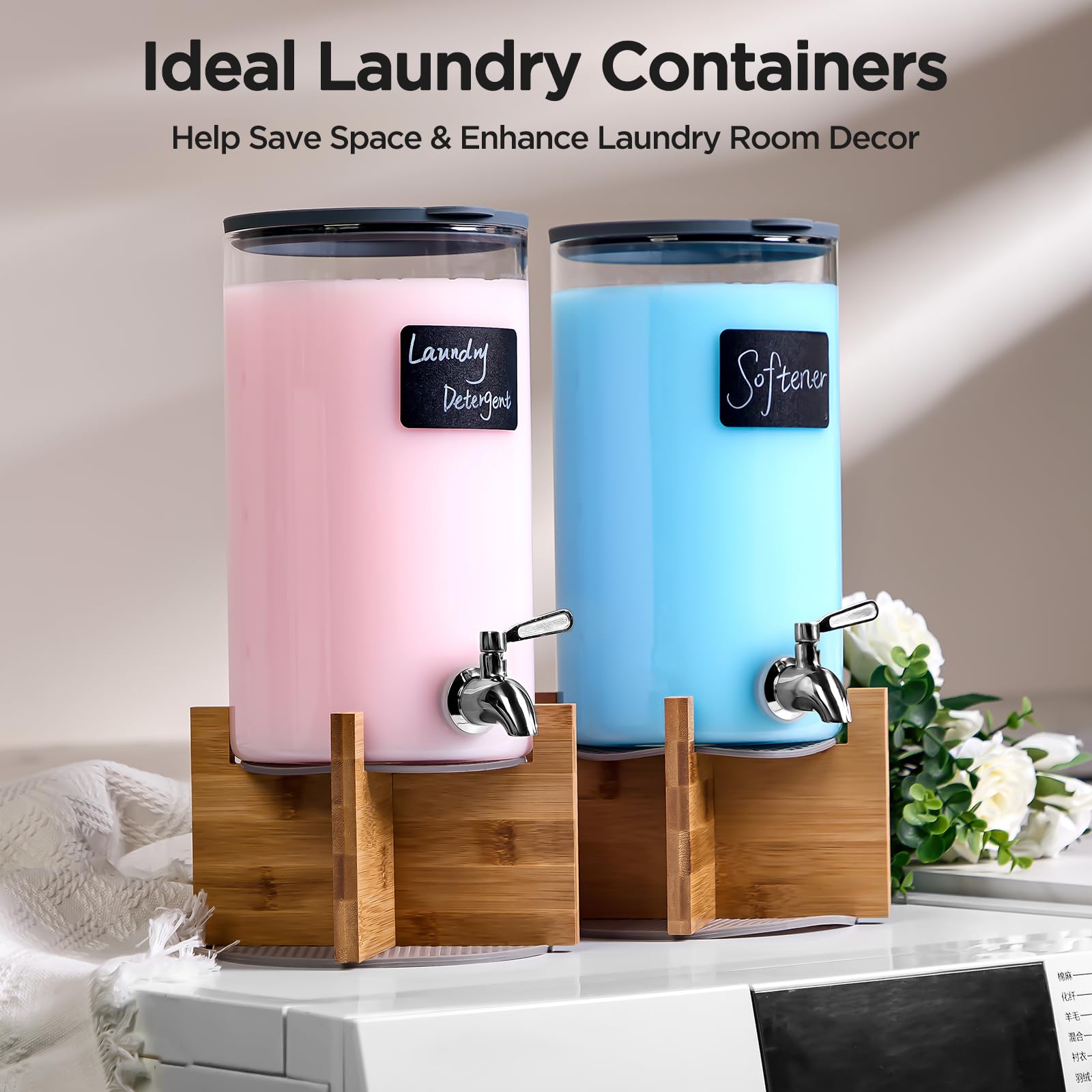 Dispensador de detergente de vidrio para lavandería, dispensador de líquido para lavandería con grifo de acero inoxidable, juego de 2 dispensadores de líquido, recipientes de vidrio para