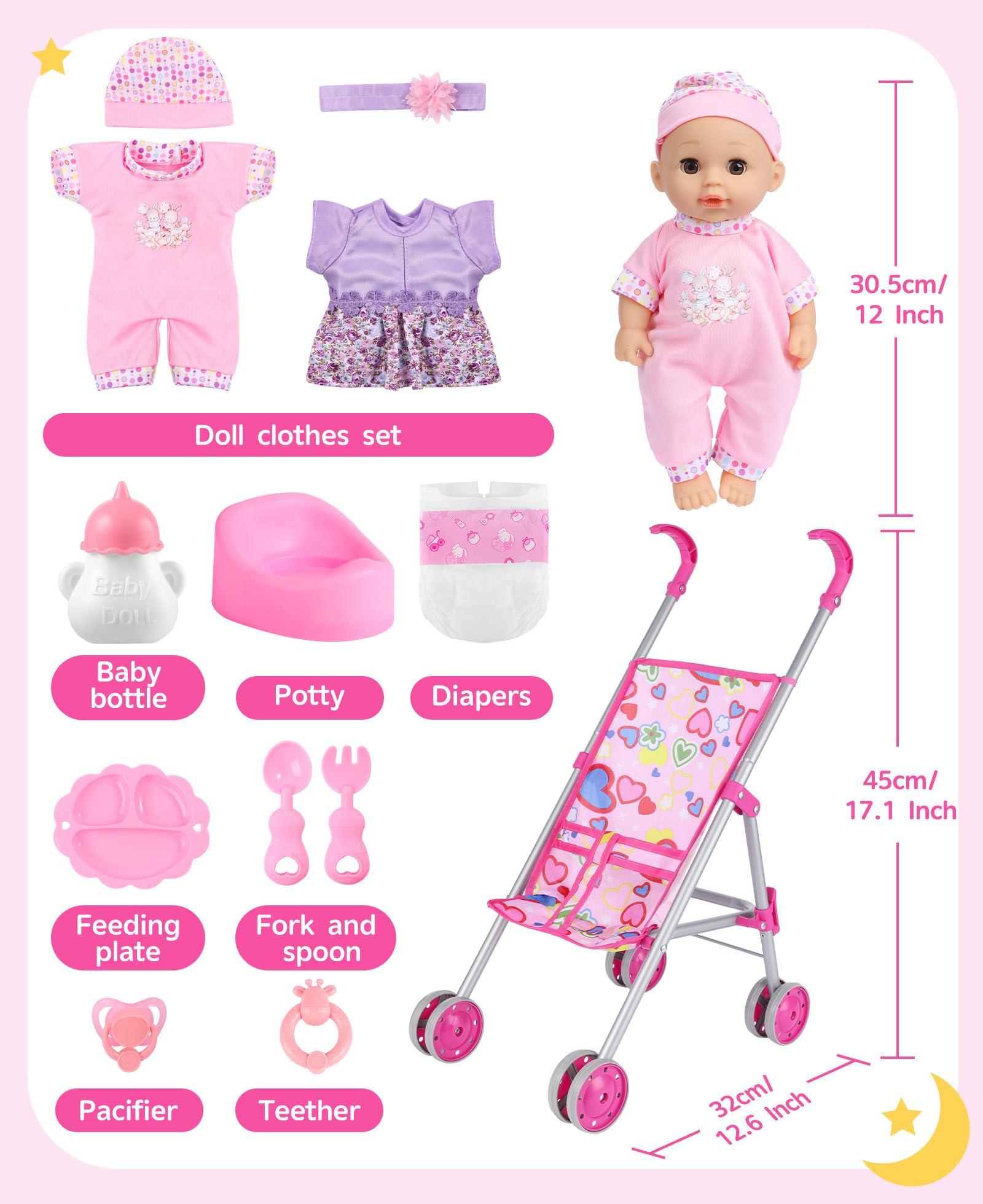 GAGAKU Baby Doll Stroller Playset with 12-inch Doll & Accessories, Foldable Lightweight Toy Stroller for Toddler Girls Kids Ages 1-6, 12