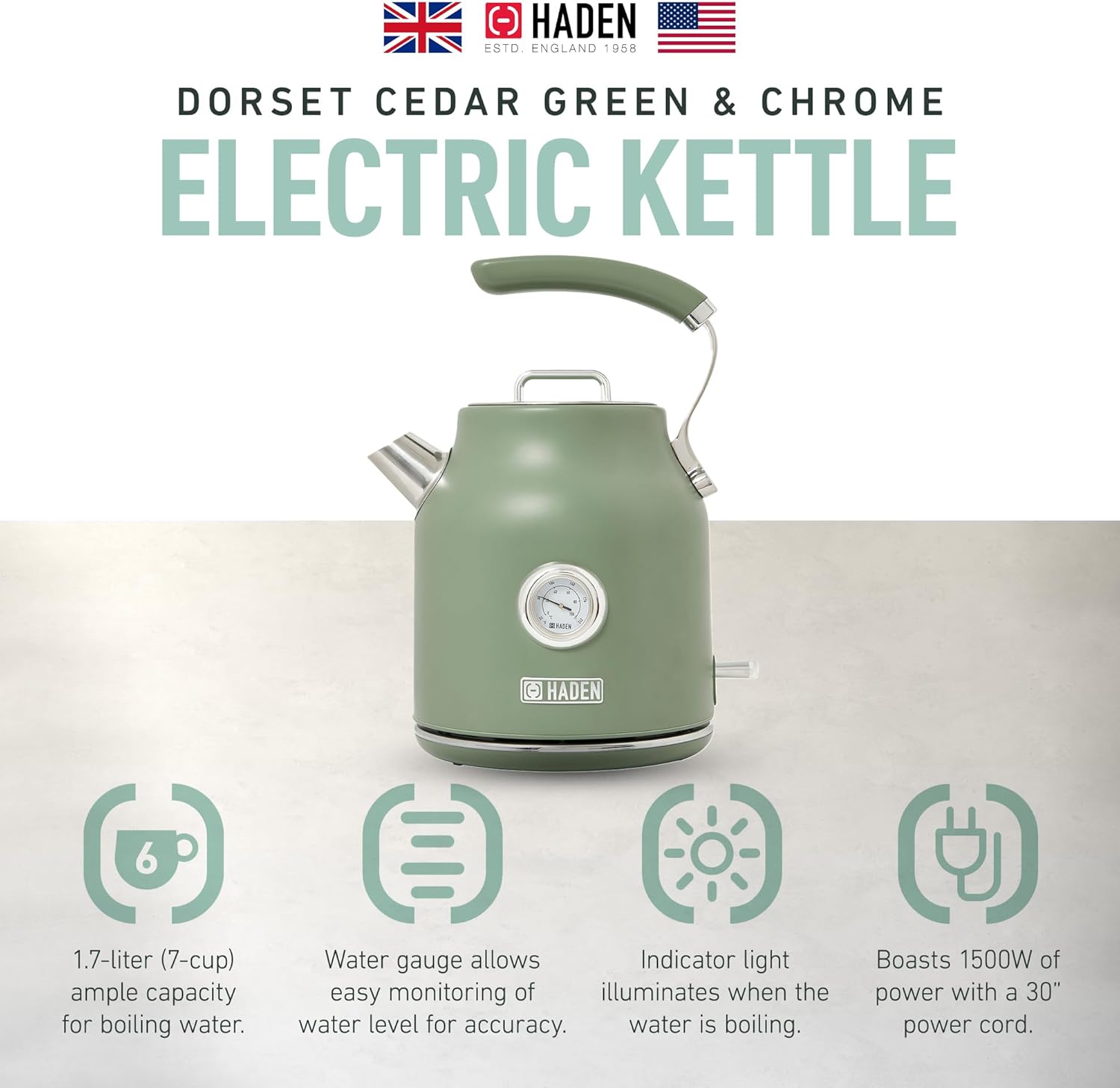 Haden Dorset 1.7L Sage Green Stainless Steel Electric Kettle