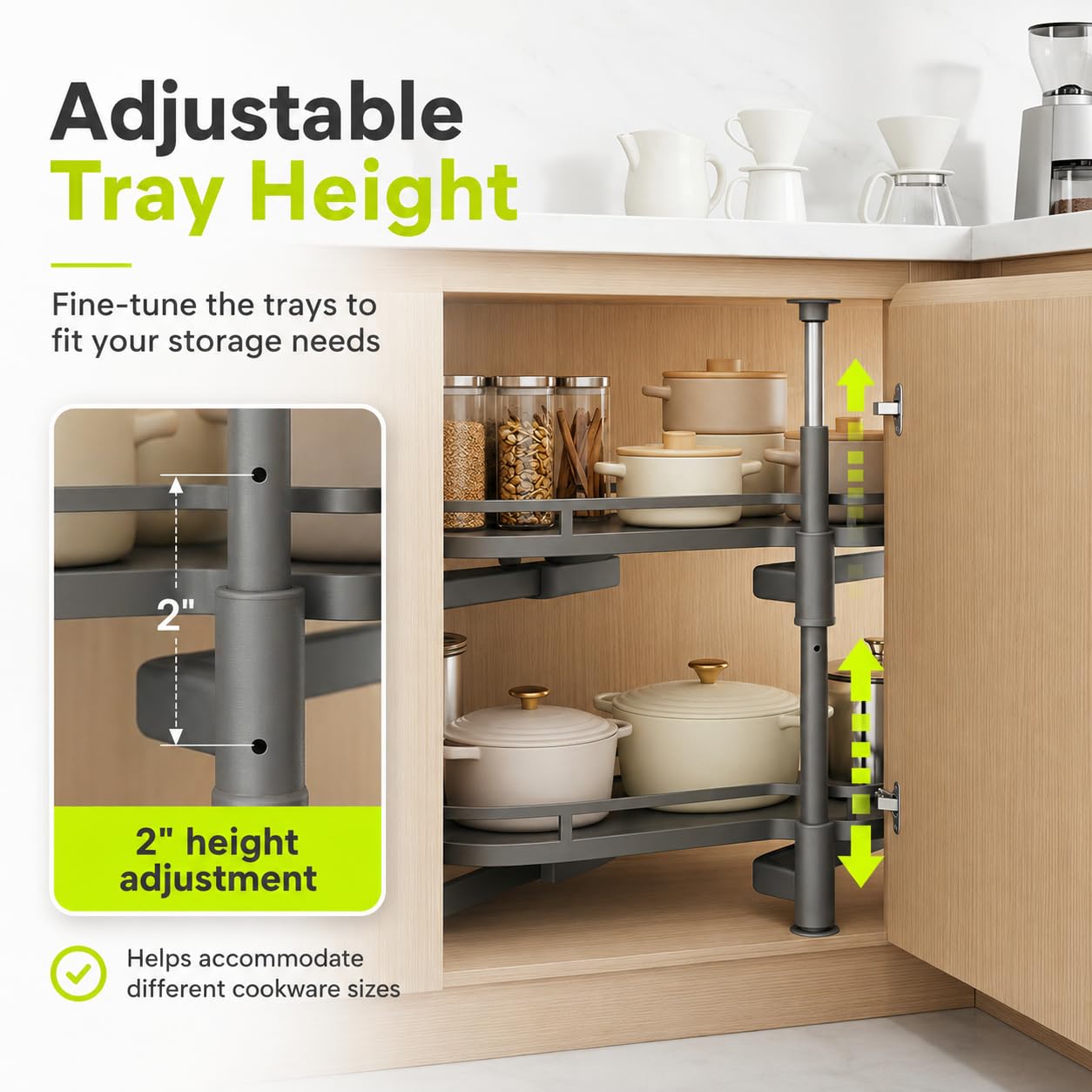 Lazy Susan Armoire d'angle robuste à 2 niveaux avec fermeture amortie réglable en hauteur, solution de rangement facile d'accès pour armoires de cuisine