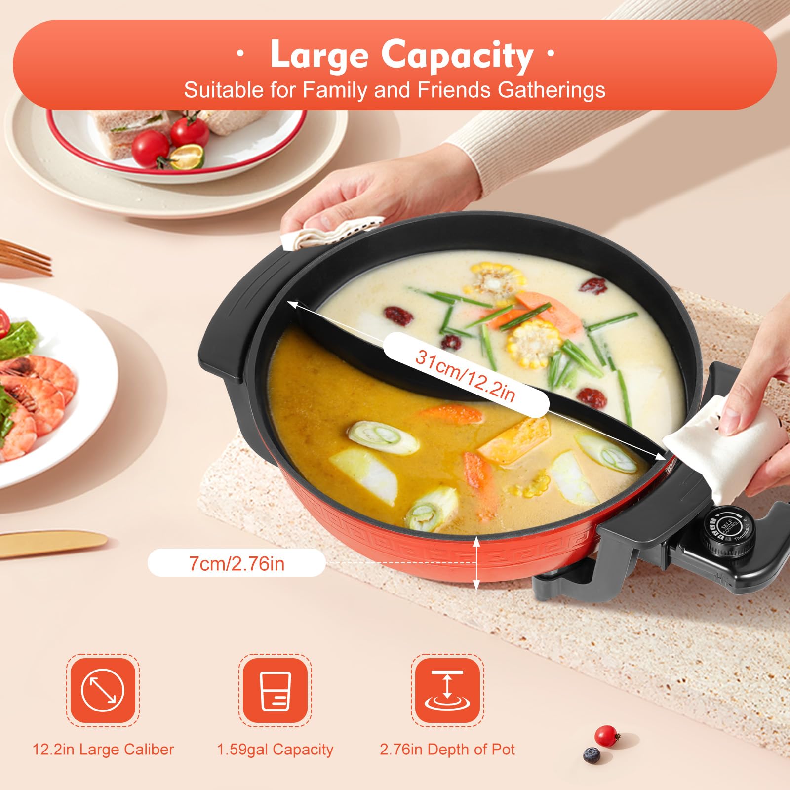 Hot Pot elektryczny garnek 6 l, dwustronny hotpot, 220 V, 1350 W, elektryczny garnek do fondue z pokrywką, nieprzywierający, chiński hot pot dla 3-5 osób