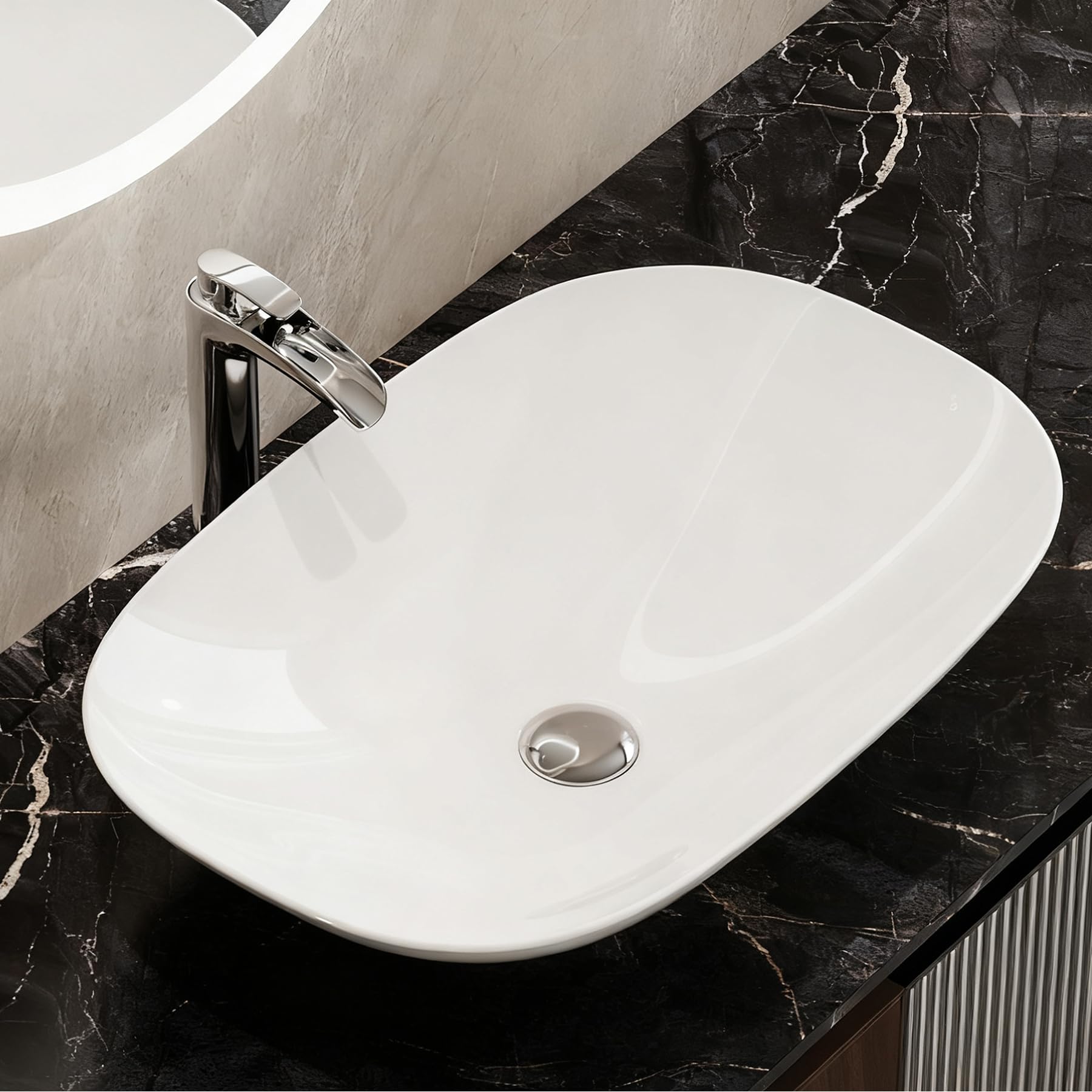 HOROW 60D×40W×16H Oval White Ceramic Countertop Vessel Sink Bathroom Basin, 5mm Slim Edge & Nano-Sealed Washing Bowl, Ideal for Modern Bathroom