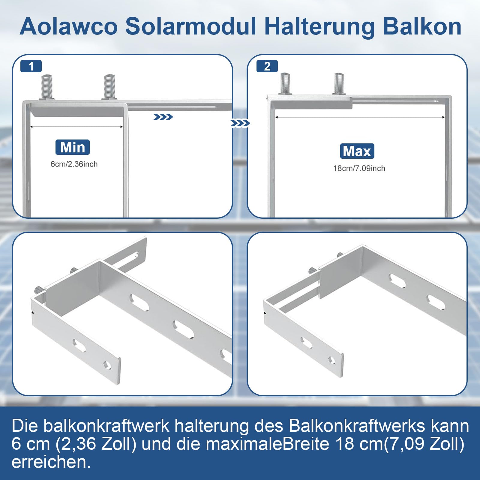 4 Stück Solar Balkonkraftwerk Halterung Balkon Haken Set, Verstellbare Balkonhalterung für Solarmodule, Solarpanel Halterung Kein Bohren Erforderlich für Solarmodul Runde Eckig Balkongelände
