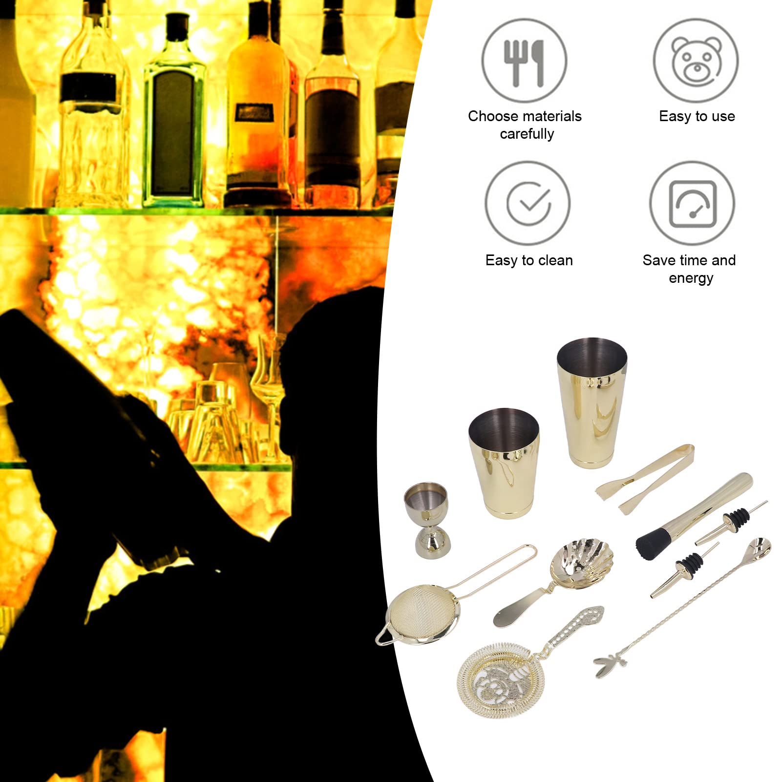 Juego de Coctelera de 11 Piezas Juego de Coctelera de Bebidas Mixtas de Acero Inoxidable Kit de Barman de Mixología Doméstica Juego de Utensilios de Bar Herramienta de Mezcla de Cócteles(Oro)