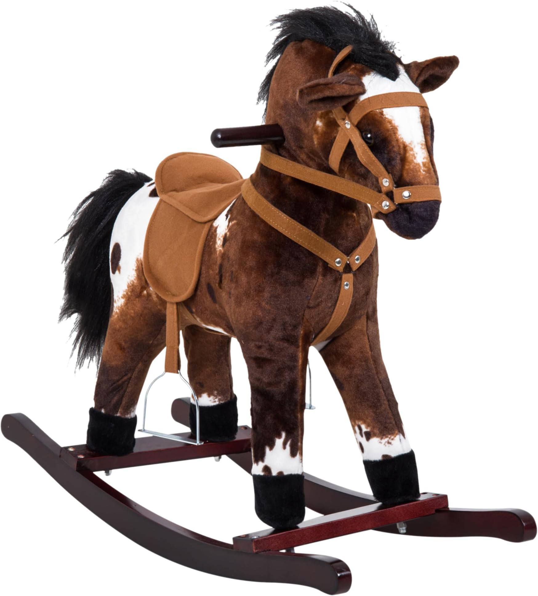 Kids Wooden Plush Ride-On Rocking Horse Chair Toy with Realistic Sounds Dark Brown/White