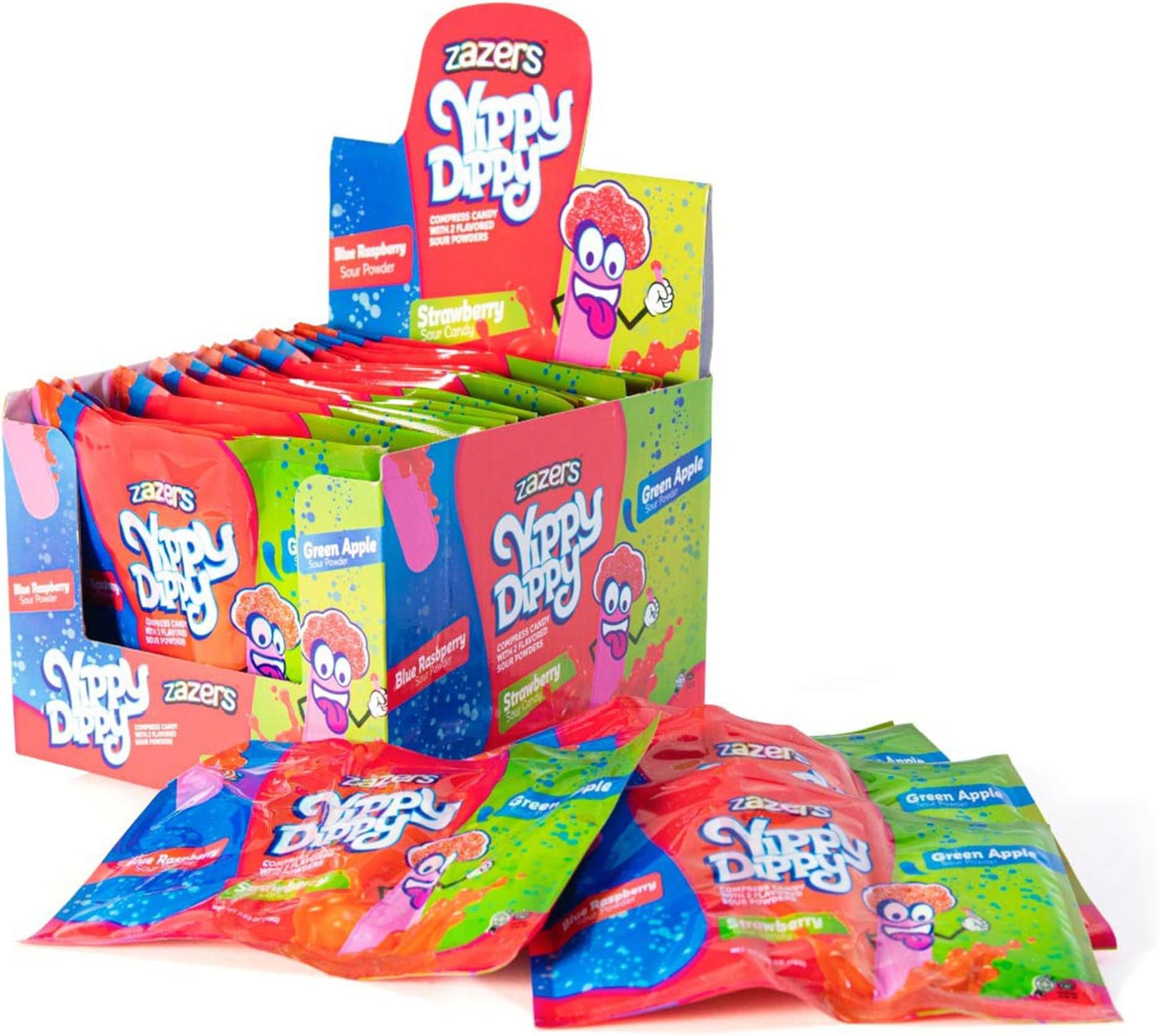 Candy Powder Yippy Dippy - Hard Strawberry Candy Stick With Blue Raspberry and Green Apple Sour Novelty Bulk Pack of 24
