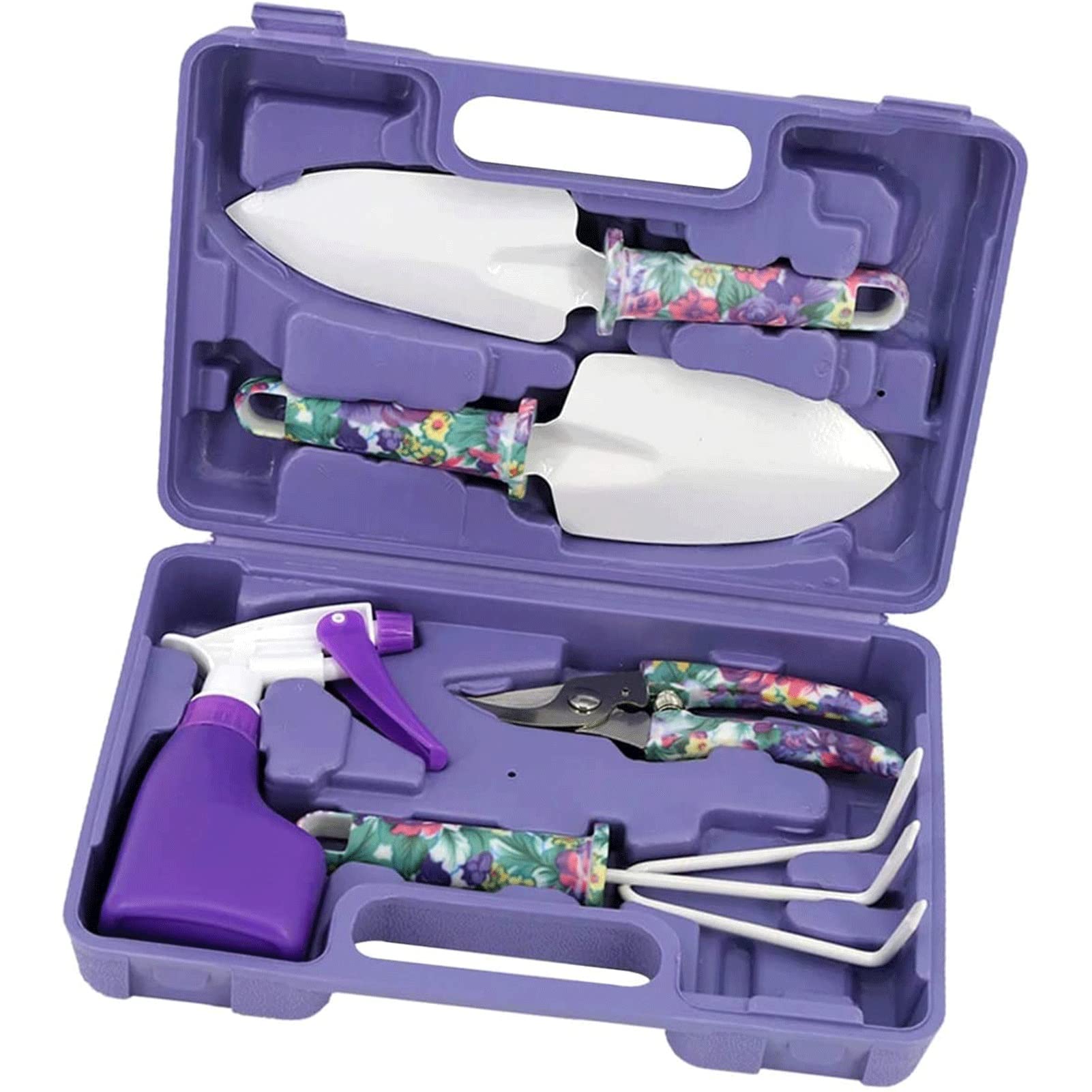 Gartenwerkzeug-Set, 5-teiliges Gartenwerkzeug mit lila Blumendruck, Garten-Handwerkzeuge mit Tragetasche und ergonomischem Griff Gartengeschenke für Frauen Männer