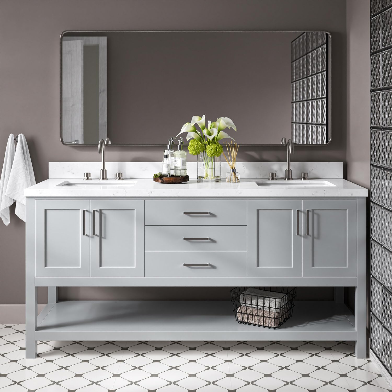 DKB Olivia 72" Grey Double Bathroom Vanity, 1.5" Edge Carrara Quartz Countertop, Rectangular Undermount Sinks, 4 Soft Closing Doors, 3 Full Extension