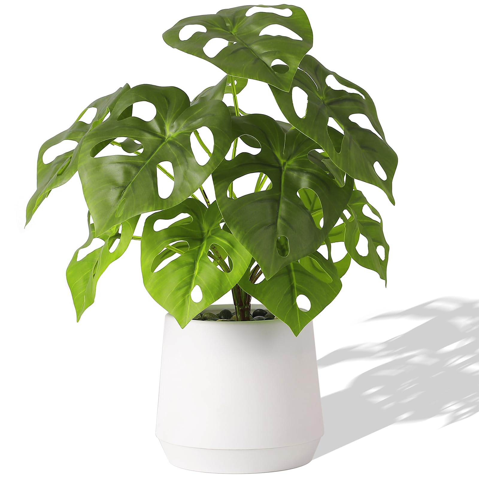 LUWENER Artificial Plant in White Pot 14" Potted Fake Monstera Plant with stones Decor,Faux green Plant for Living Room office Home Decoration（Monstera white）