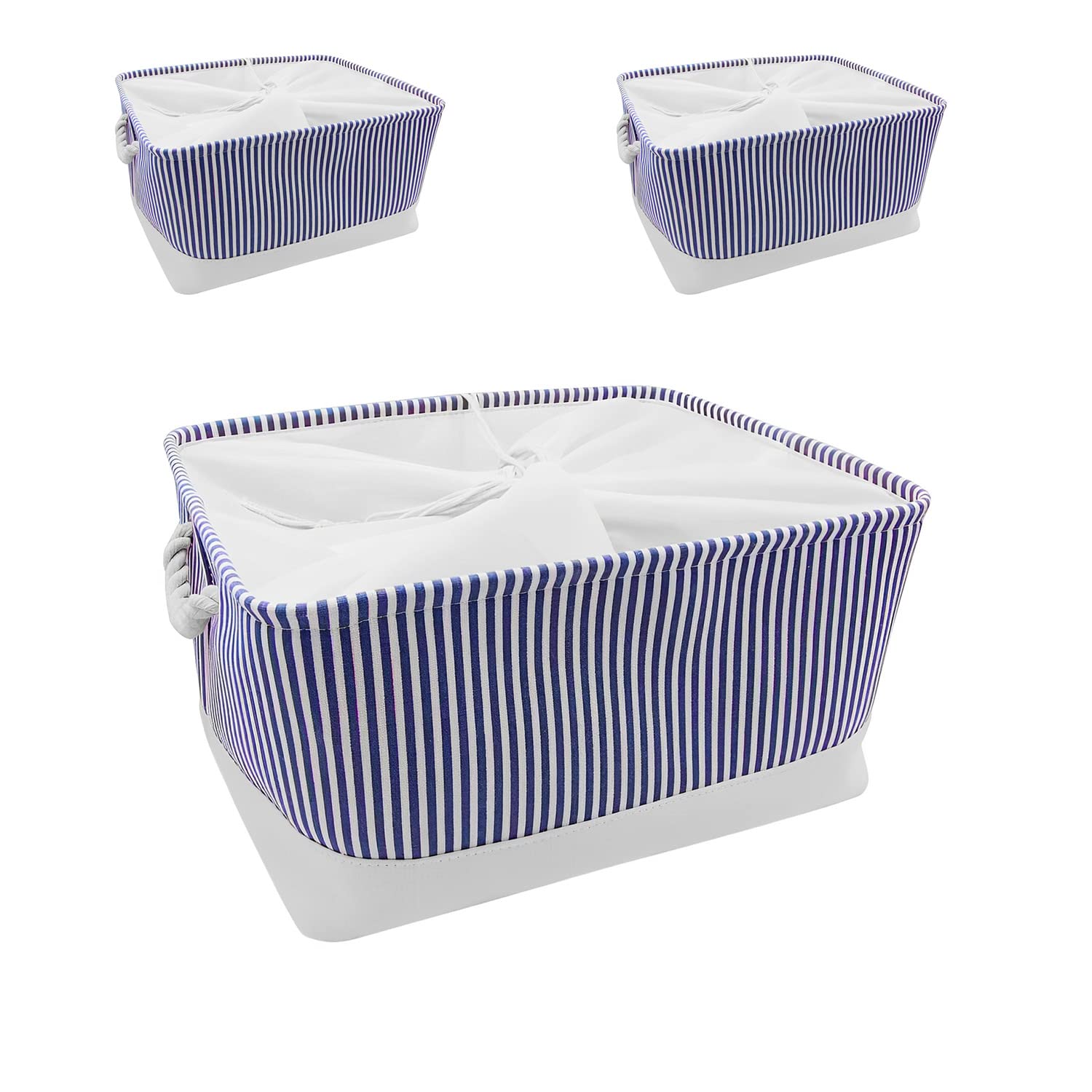 Mangata Fabric Storage Boxes, Xlarge Storage Baskets Set of 3 with Drawstring for Shelves Wardrobe (Blue Stripe, XLarge) โ image 1