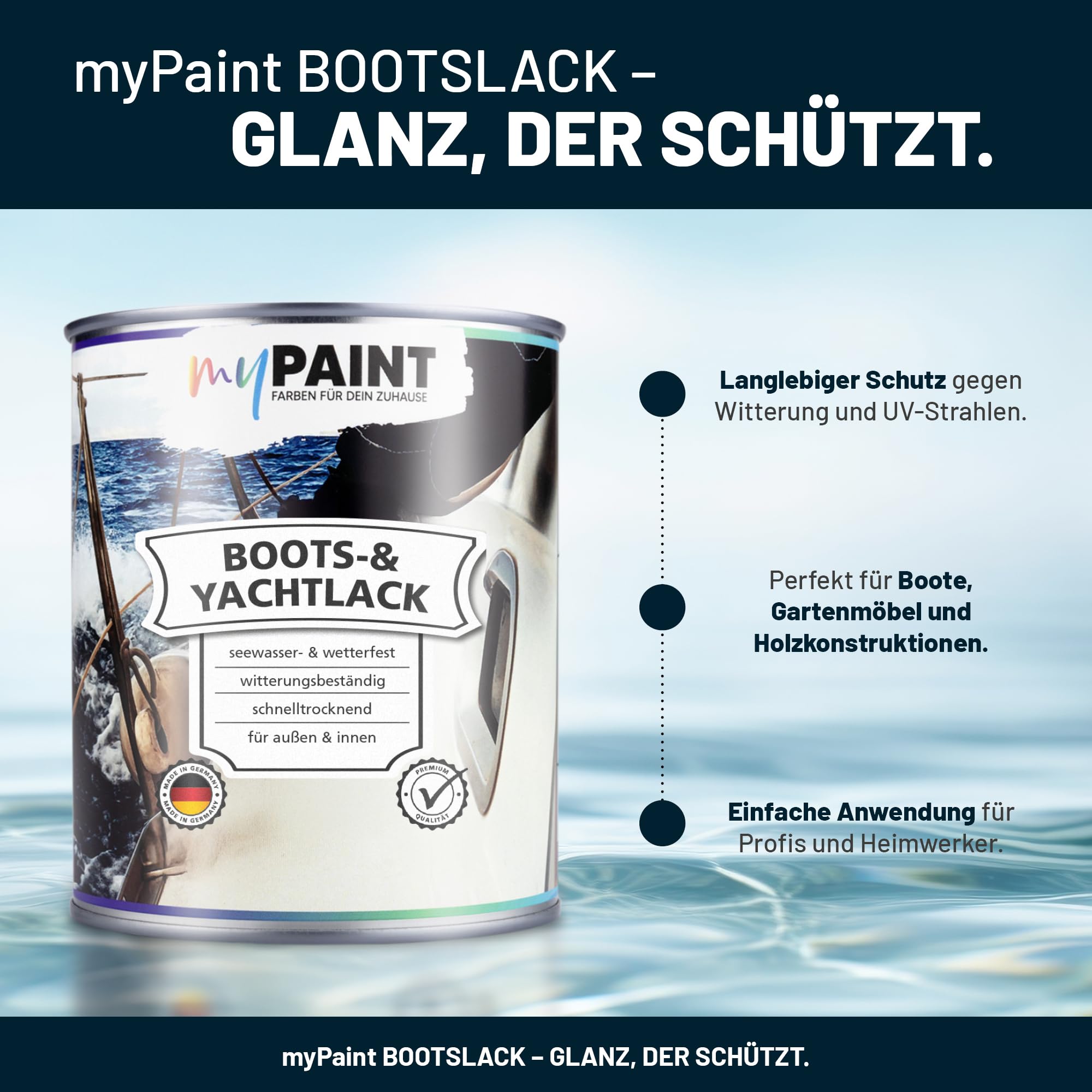 MyPaint Bootslack 750 ml - Weiß - Klarlack Holz außen wasserfest | Bootslack glänzend | langlebiger & wetterbeständiger Holzschutz für Boote, Fensterrahmen, Möbel & Gartenmöbel | UV-beständig