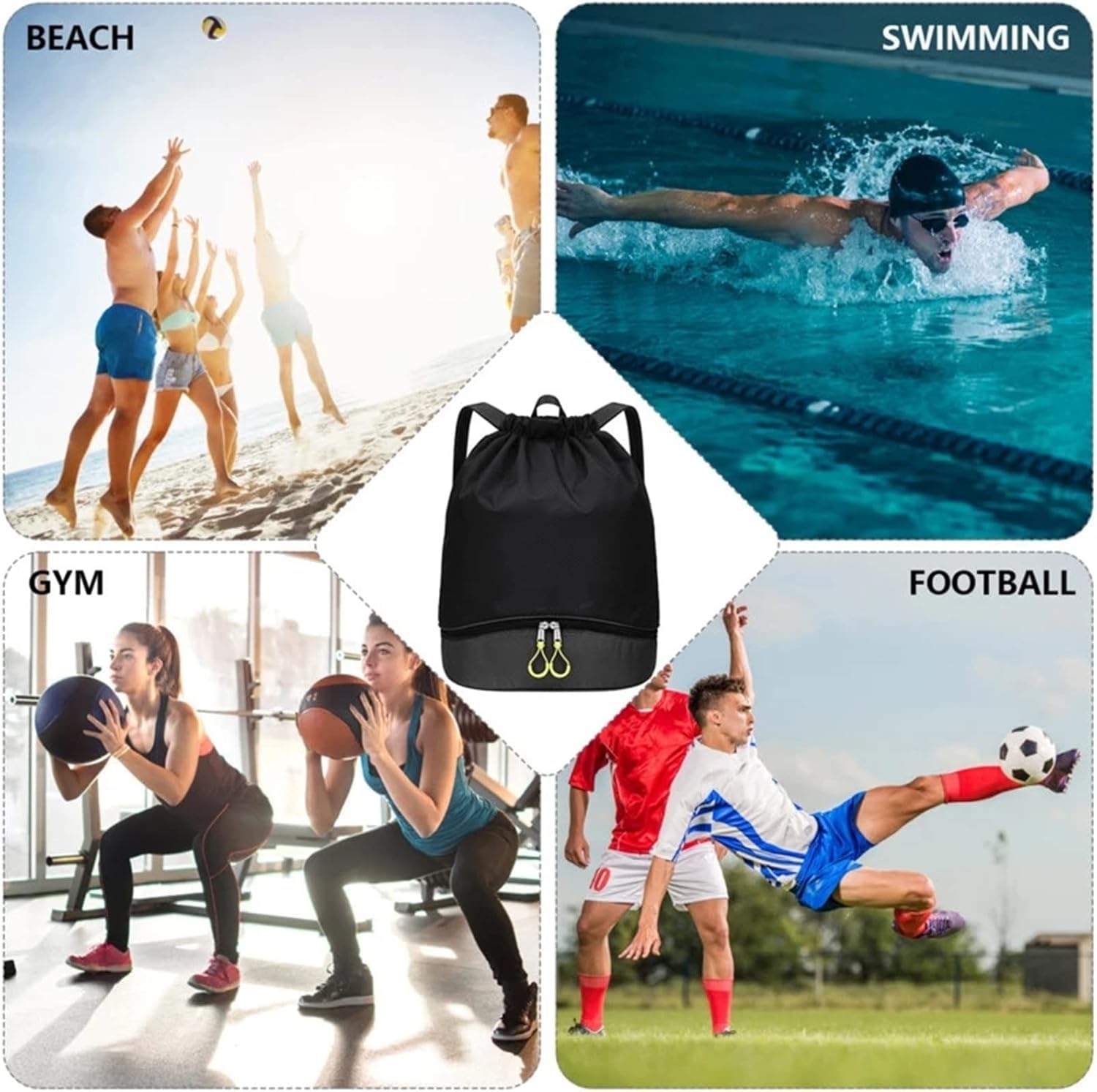 Bolsa De Natación Bolsas De Natación Bolsa De Deportes De Playa De Agua Seca Mochila Casual Femenina con Cordón con Bolsa De Zapatos, Black, One Size