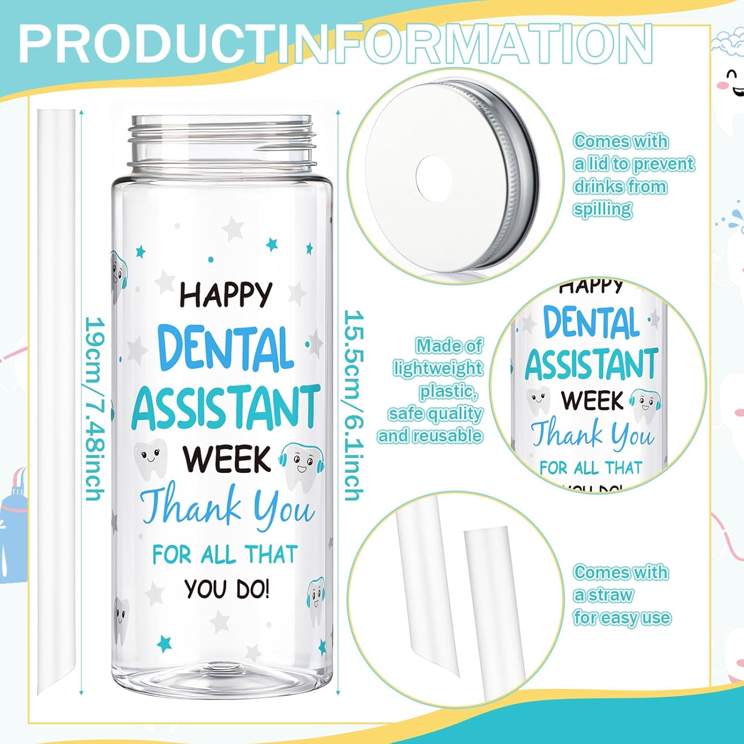 Vesici 24 Pcs Dental Assistants Week Gift 14.2oz Thank You Gifts Tumbler with Lid and Straw Dental Assistants Appreciation Party Favors Decorations Plastic Reusable Tumbler for Women Men Coworker 24 Dental Assistants Week