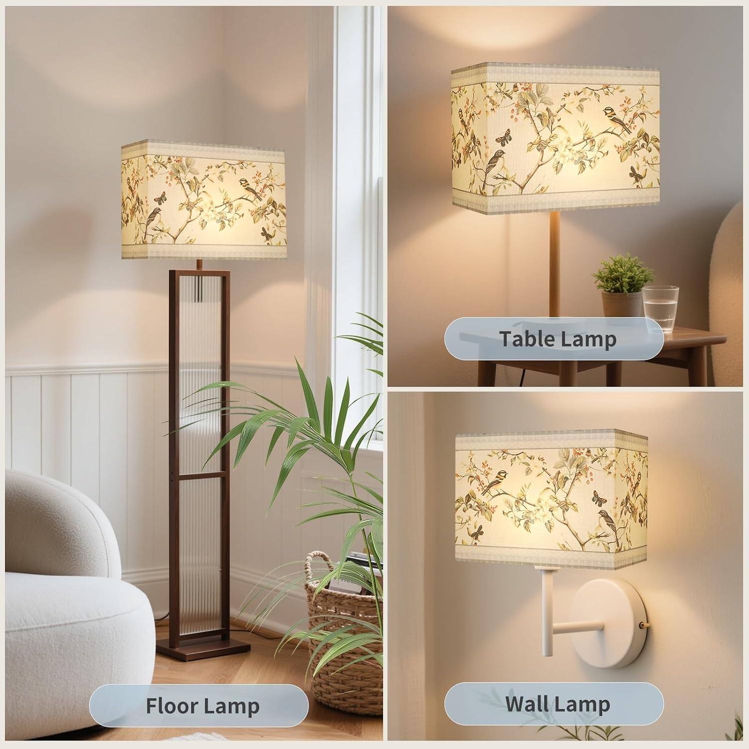 Rectangle Lamp Shade, 12" x 7" x 9" Mini Lamp Shade, Floral and Bird Pattern Lamp Shades, Replacement Lampshades for Table Lamp, Blue Lampshade Fits Spider/E12/E26 Bases, Easy Assemble