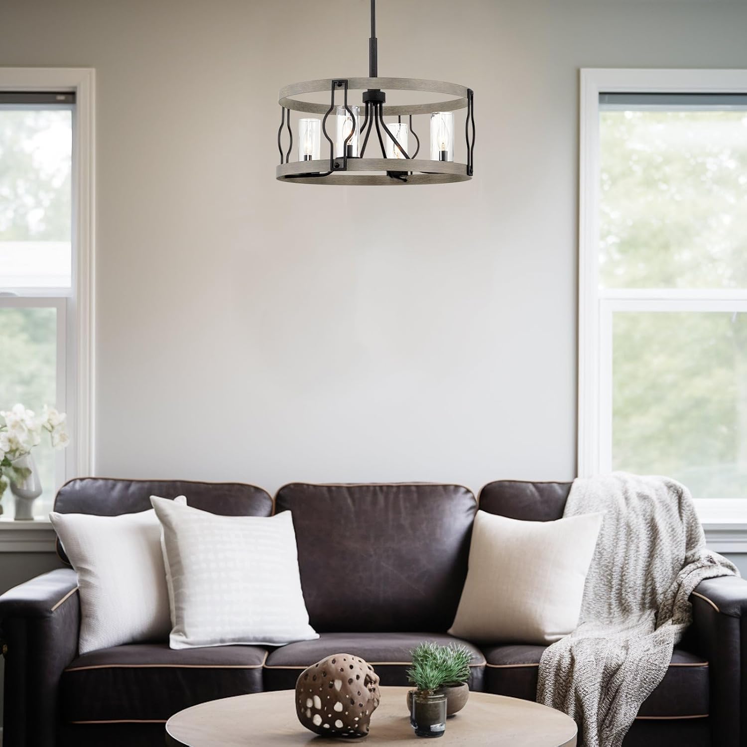 Kira Home Keaton 20" 4-Light Modern Farmhouse Drum Pendant Light + Cylinder Glass Shades, Gray Oak Wood Style + Textured Black Finish